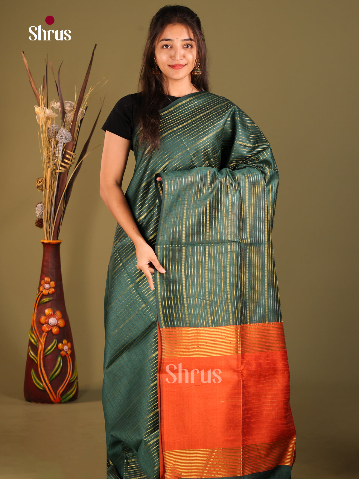 Green & Orange- Semi Rawsilk Saree - Shop on Shrus.com