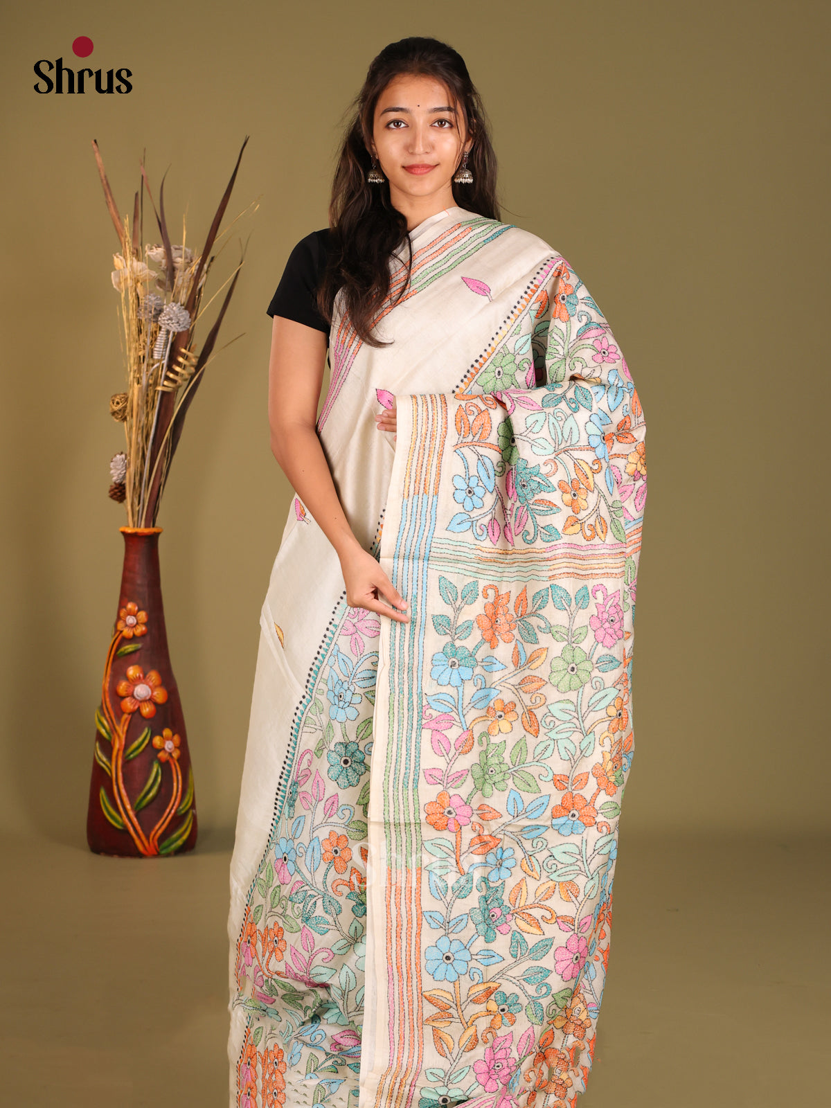 Artistic Floral Hand-Painted White Tussar Silk Saree