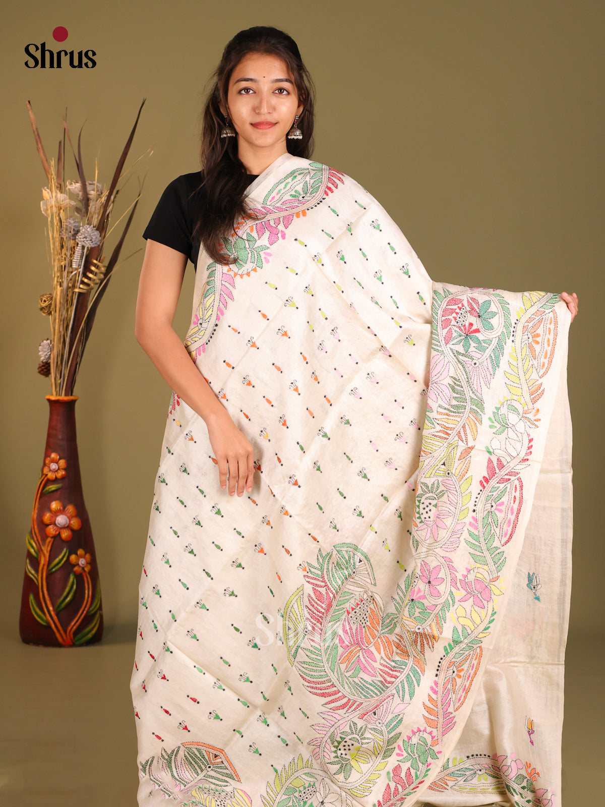 Cream(Single Tone) - Tussar Saree