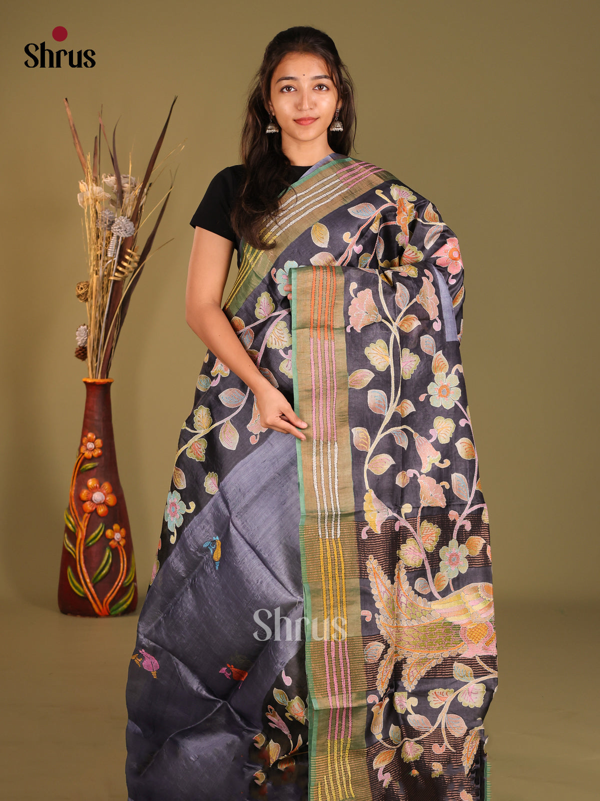 Timeless Grey Tussar Silk Saree with Black Floral Prints - Shop on Shrus.com