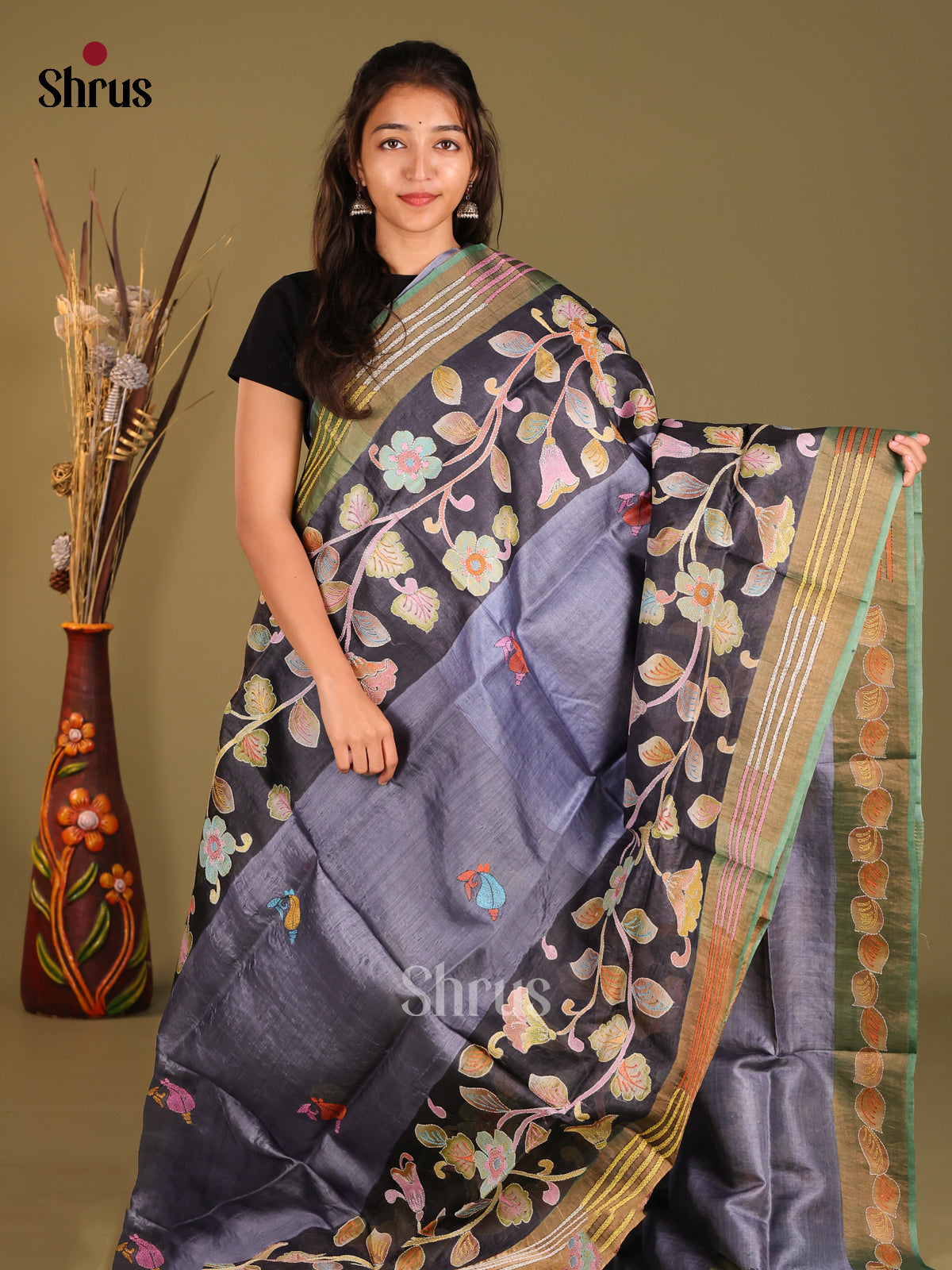 Timeless Grey Tussar Silk Saree with Black Floral Prints - Shop on Shrus.com