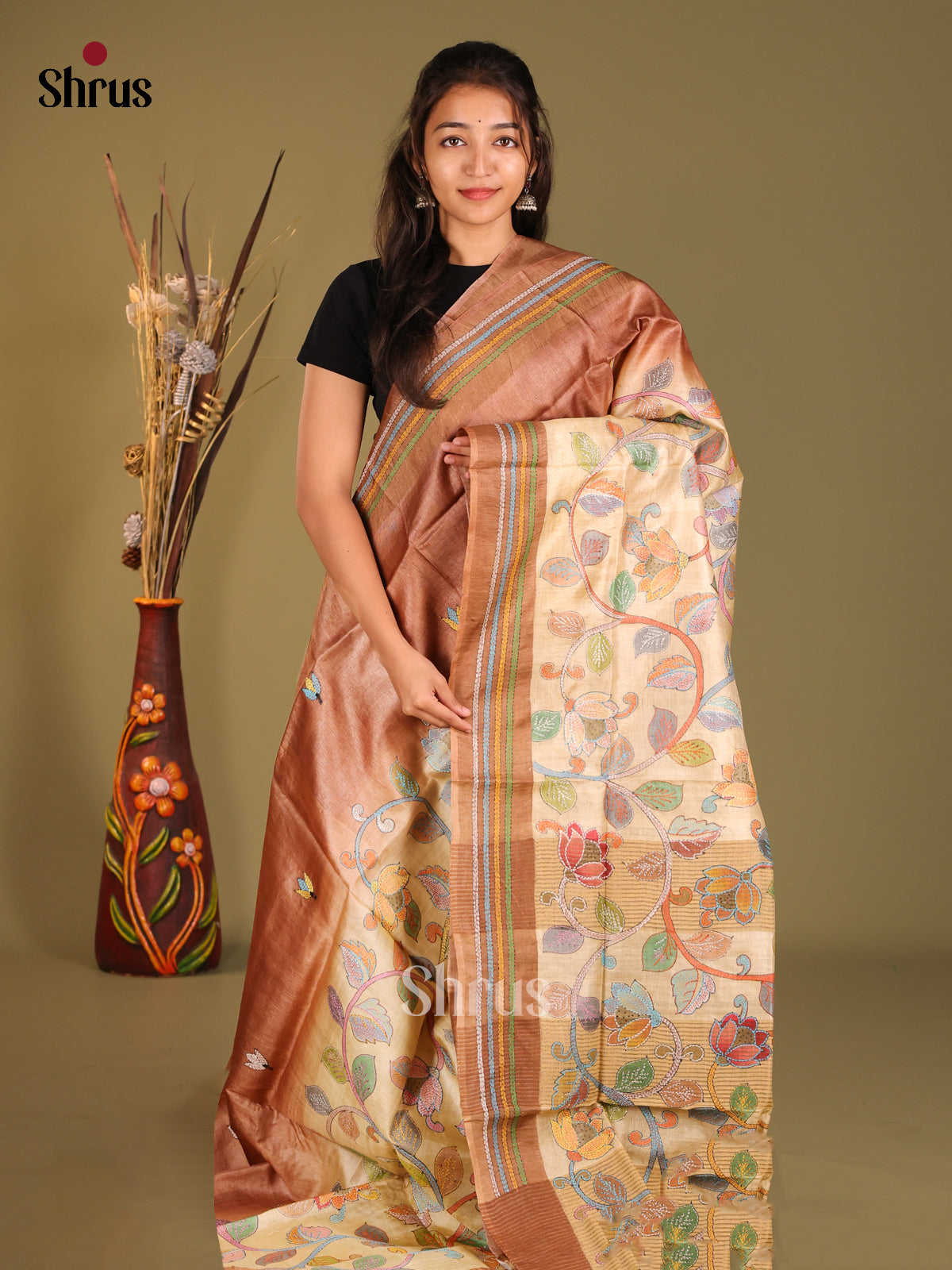 Exquisite Cream & Brown Hand-Painted Tussar Silk Saree - Shop on Shrus.com