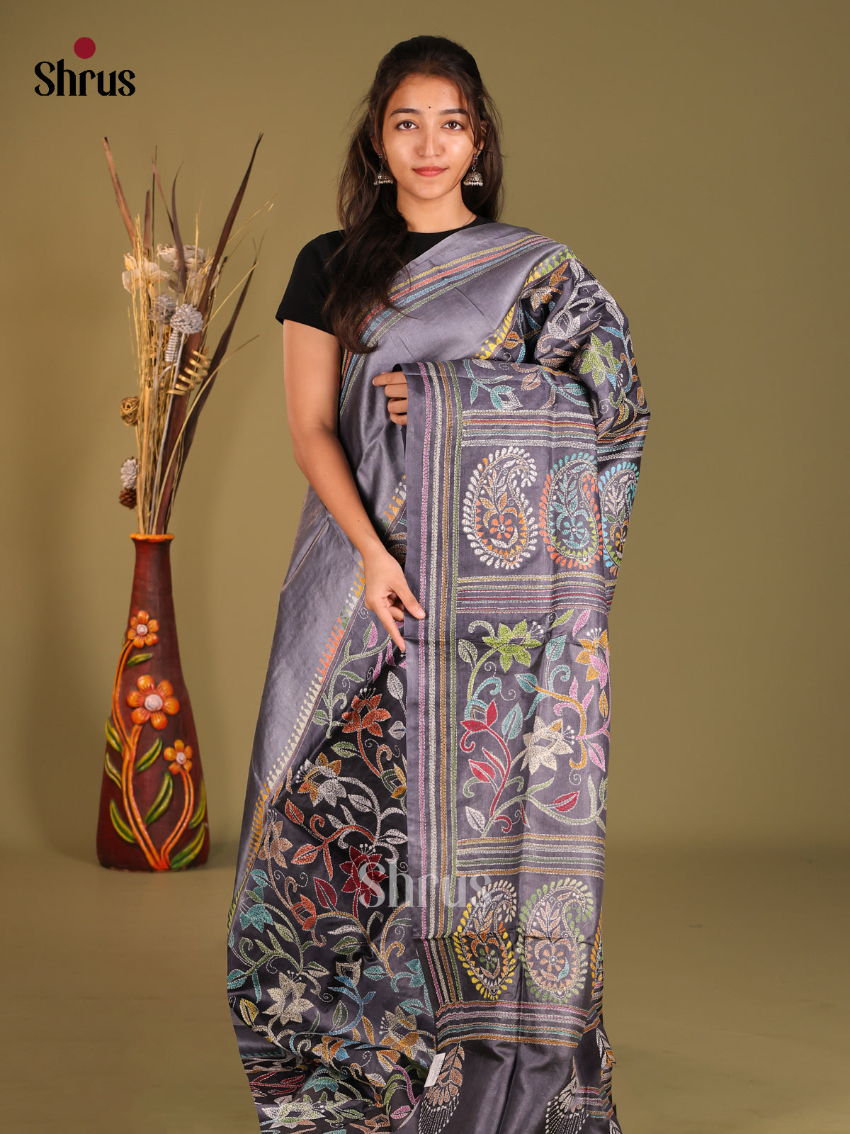 Artistic Grey Tussar Silk Saree with Multicolor Embroidery Detailing