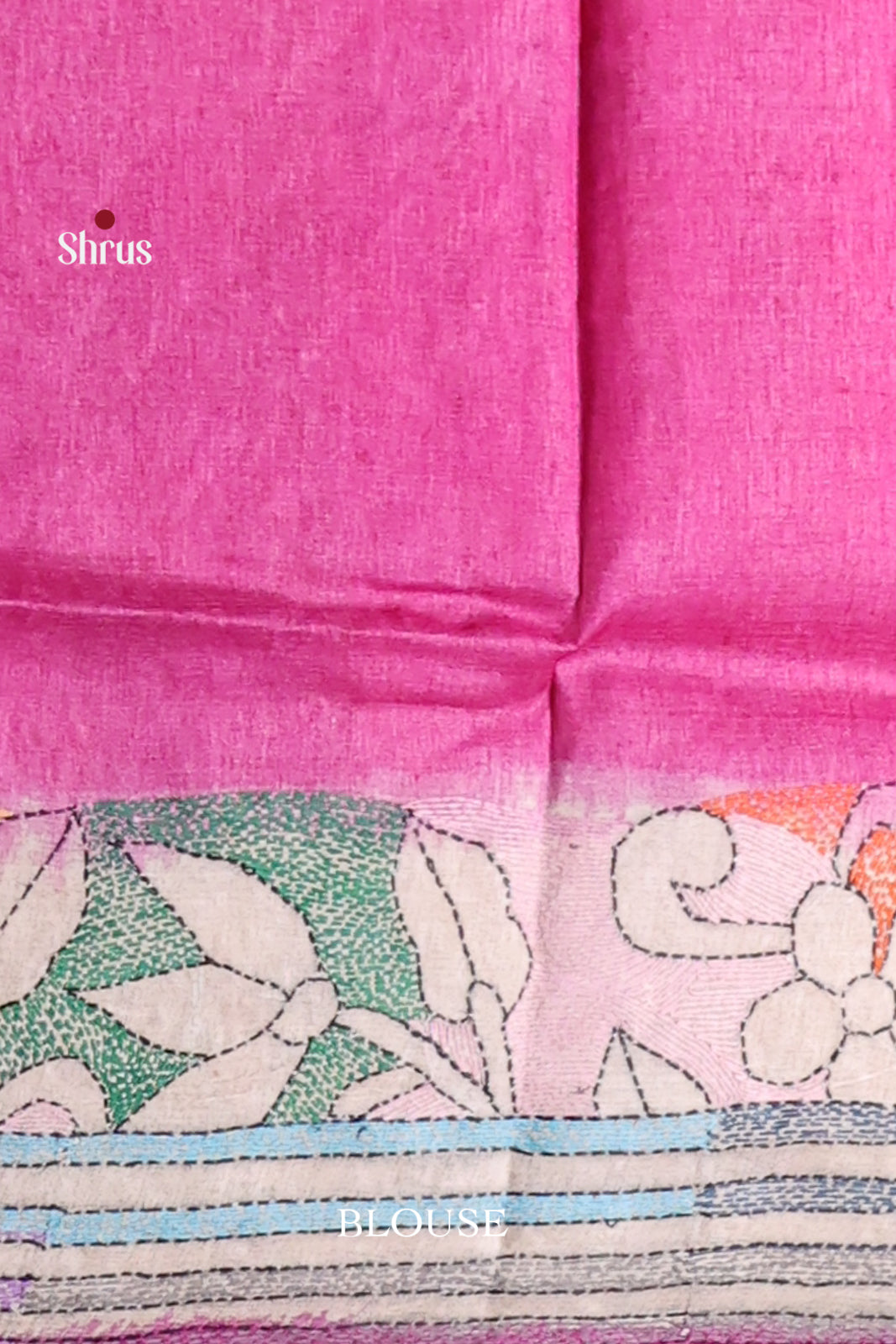 Exquisite Blue Tussar Saree With Kantha Work & Pink Border