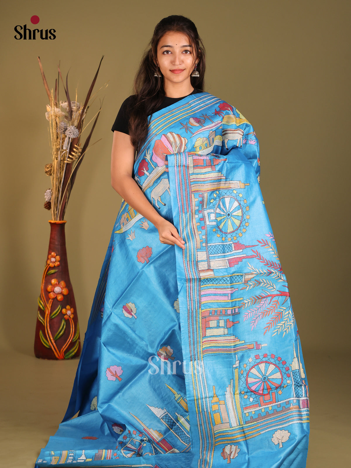 Serene Blue Saree in Tussar Silk Saree with City Motifs & Embroidery Detailing - Shop on Shrus.com