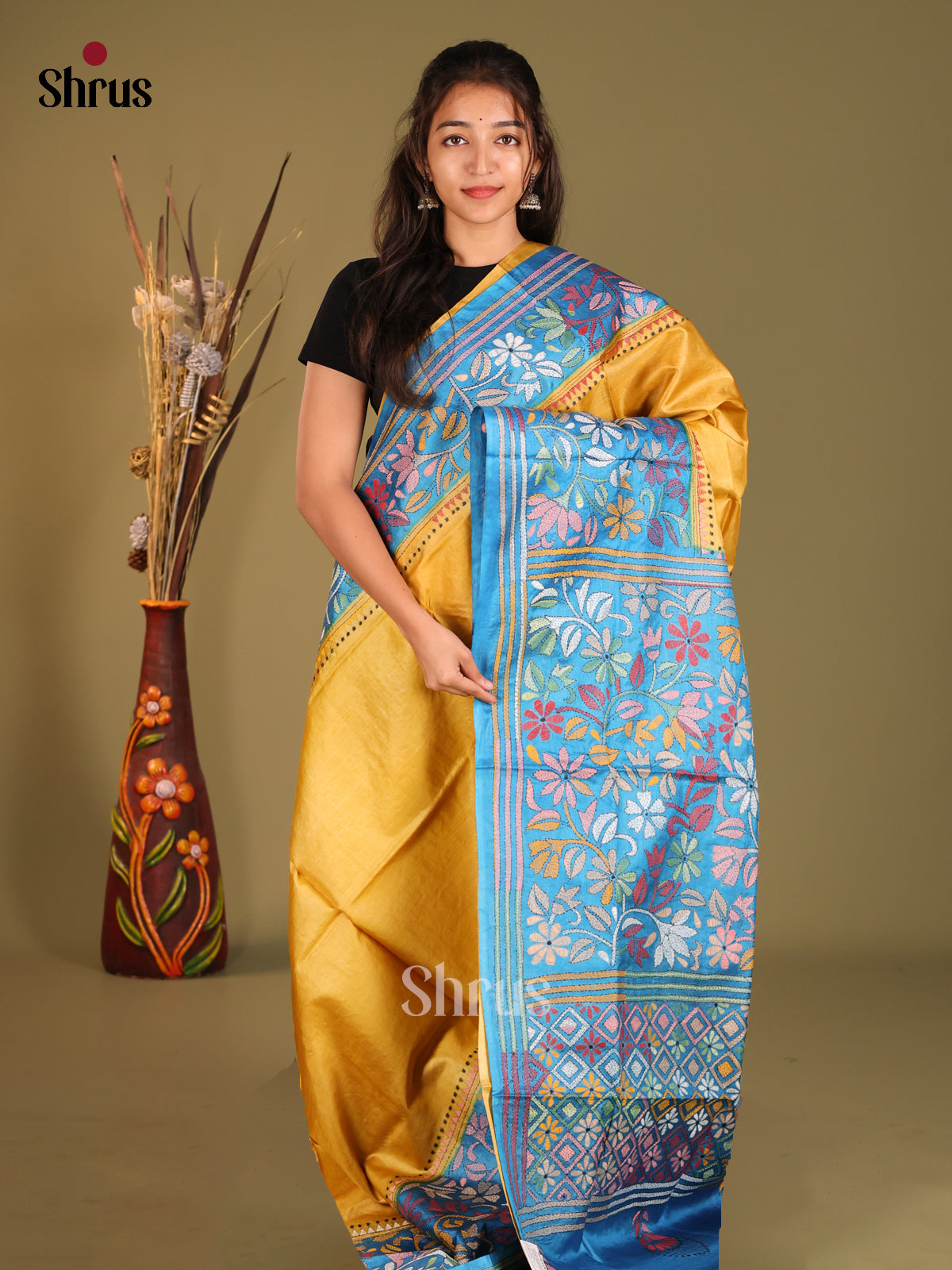 Luminous Yellow Saree in Tussar Silk with Blue Embroidered Pallu - Shop on Shrus.com