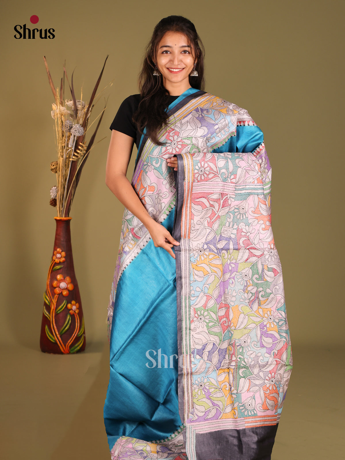 Elegant Blue Tussar Silk Saree with Floral Embroidered Border & Pallu