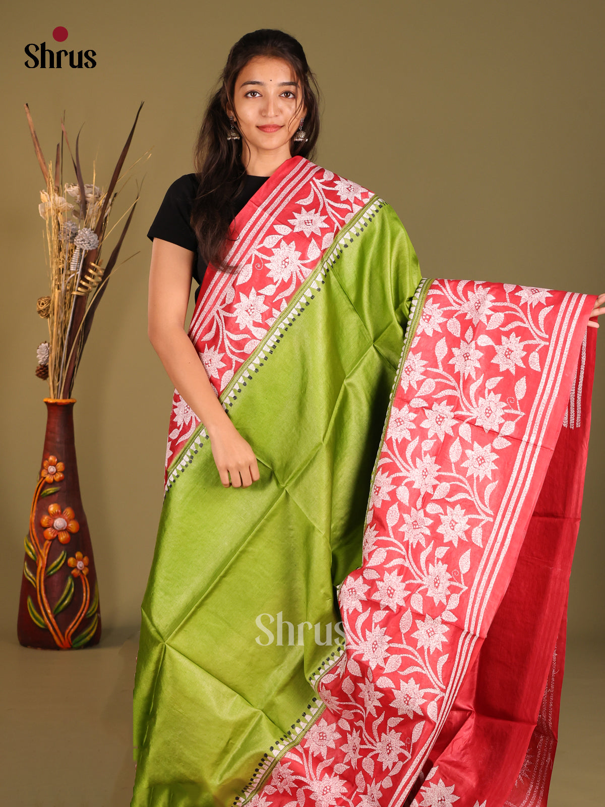 Brilliant Light Green & Red Tussar Silk Saree with White Floral Motifs