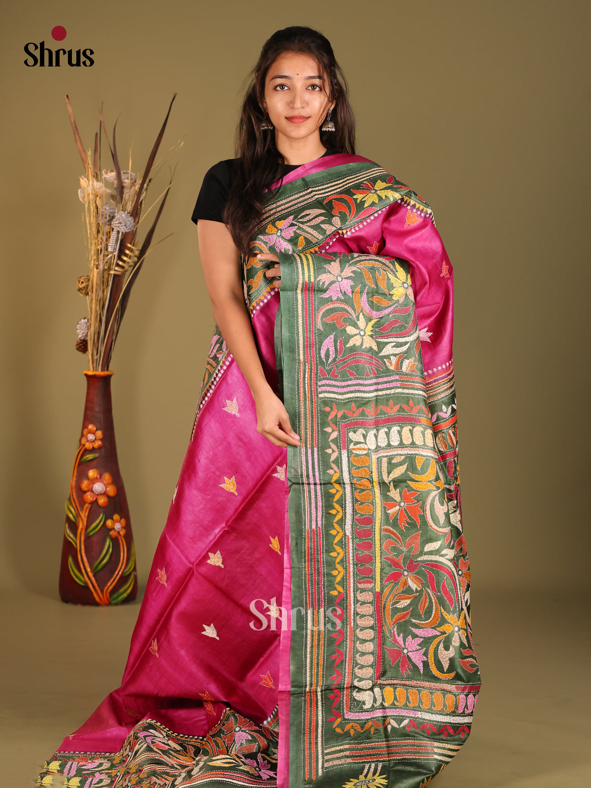 Exquisite Pink Tussar Silk Saree with Green Pallu - Shop on Shrus.com
