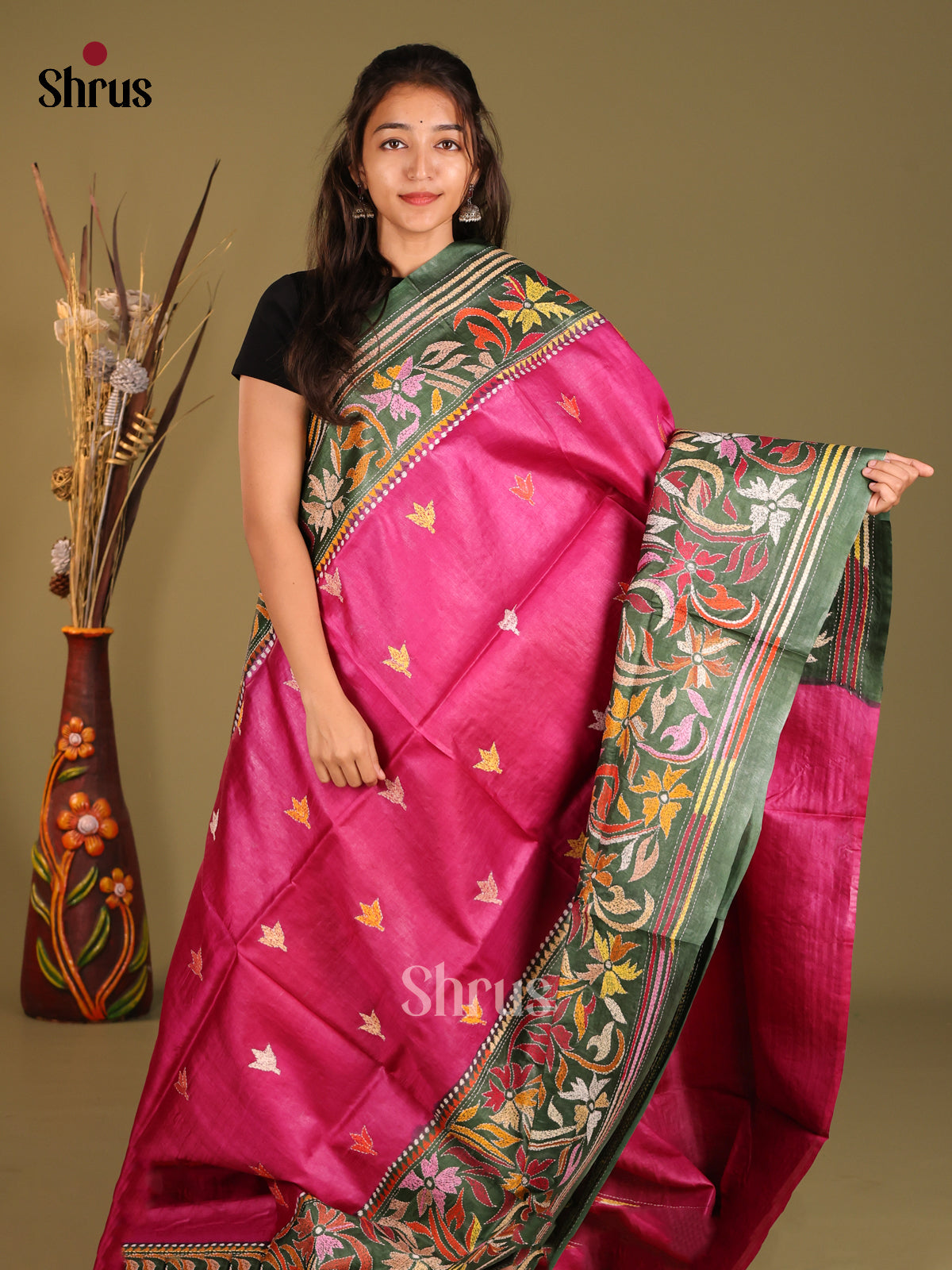 Exquisite Pink Tussar Silk Saree with Green Pallu - Shop on Shrus.com