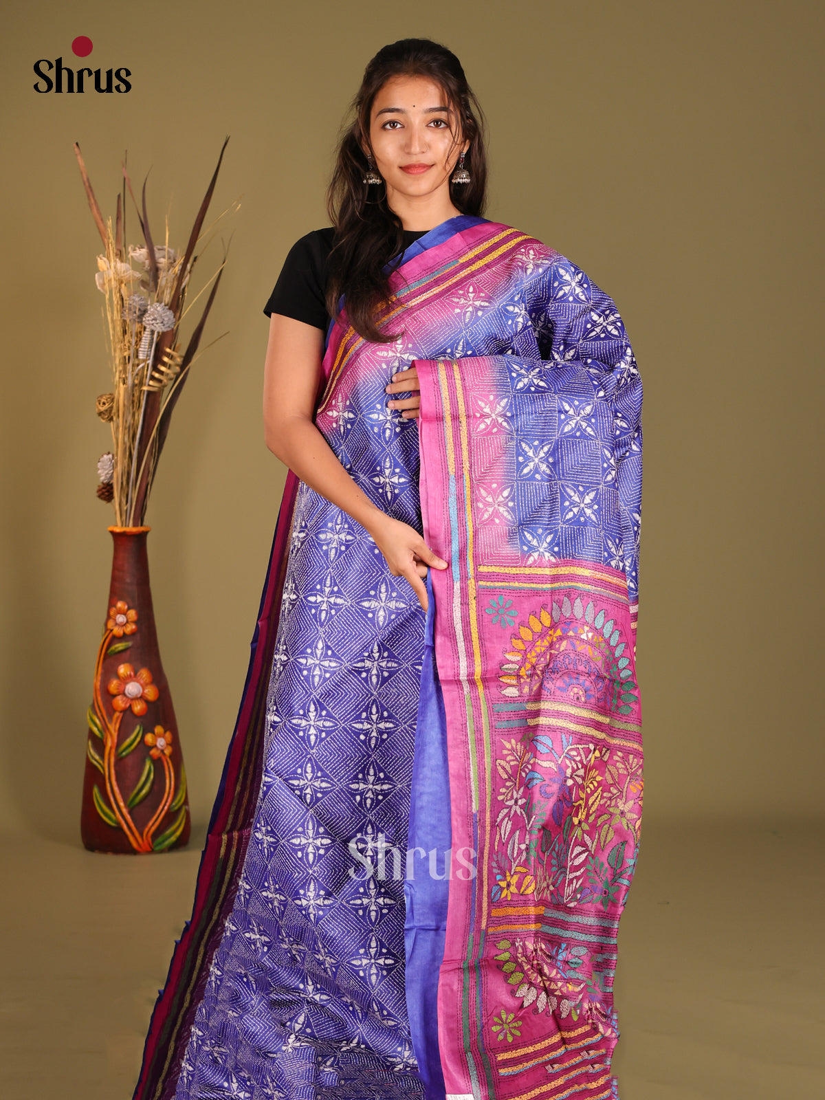 Vibrant Purple & Pink Tussar Silk Saree with Multicolor Floral Pallu - Shop on Shrus.com