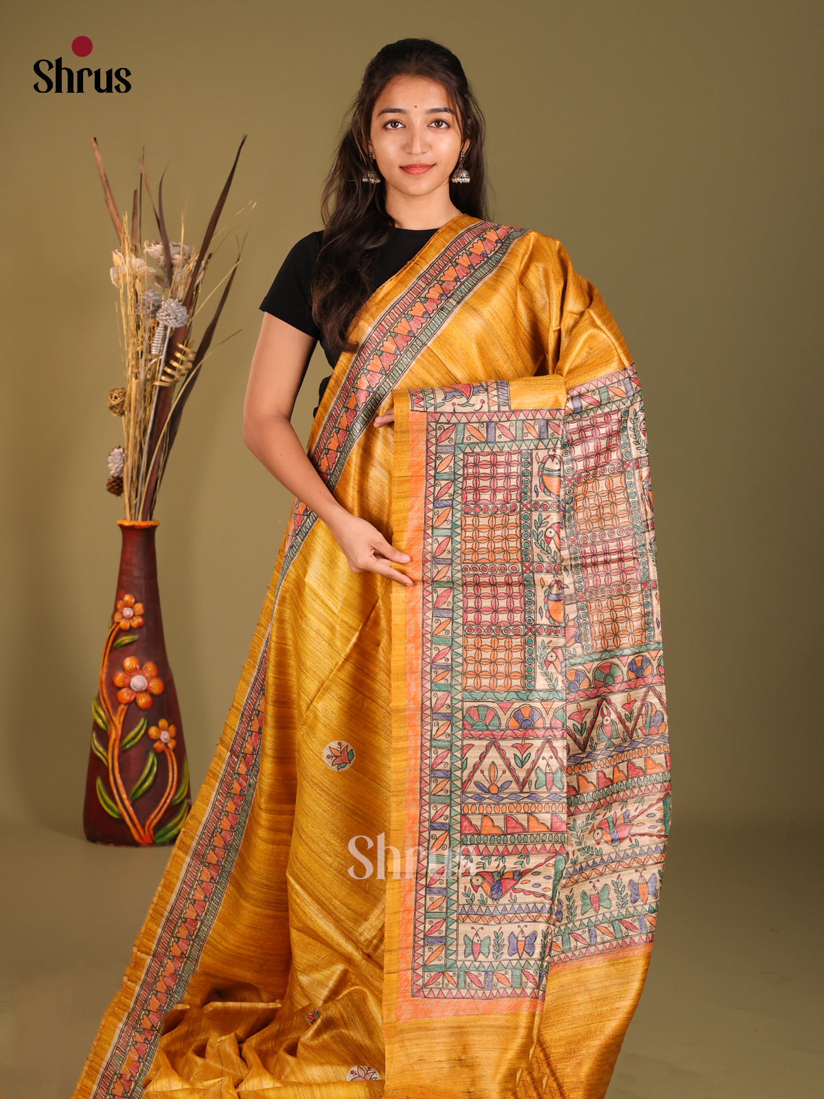 Chic Yellow Tussar Silk Saree with Madhubani-Inspired Detailing