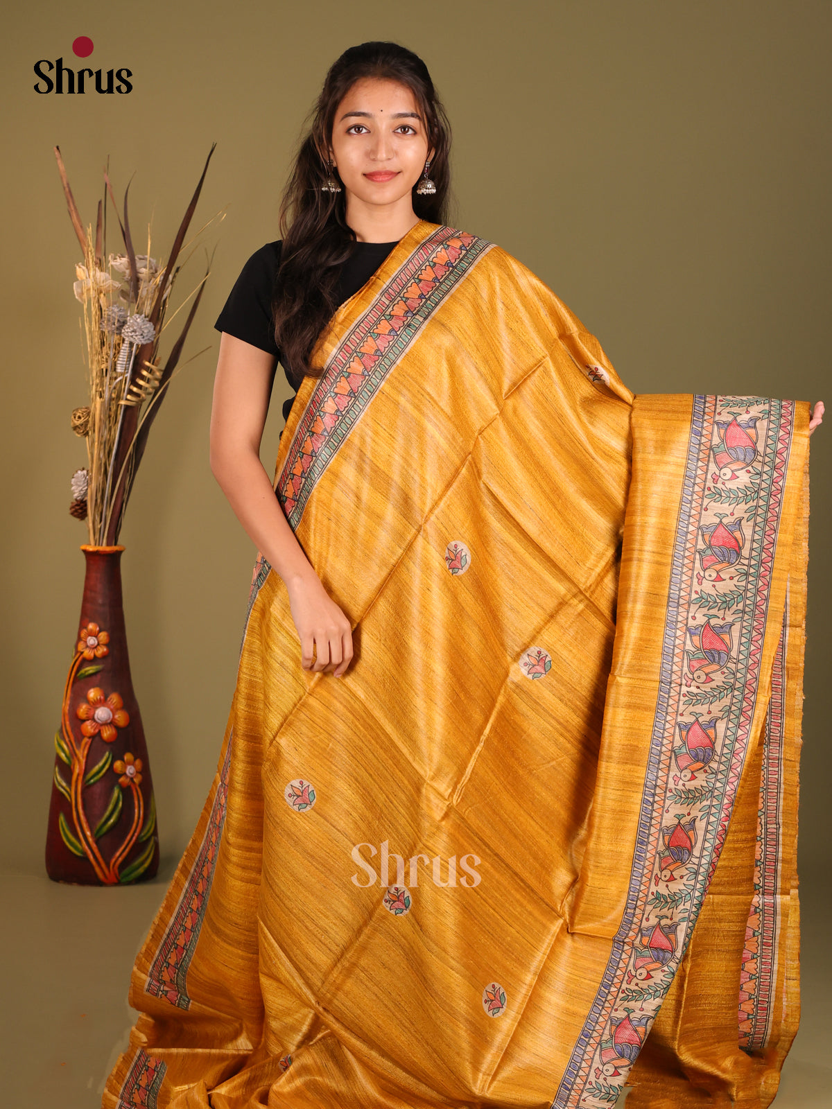 Chic Yellow Tussar Silk Saree with Madhubani-Inspired Detailing