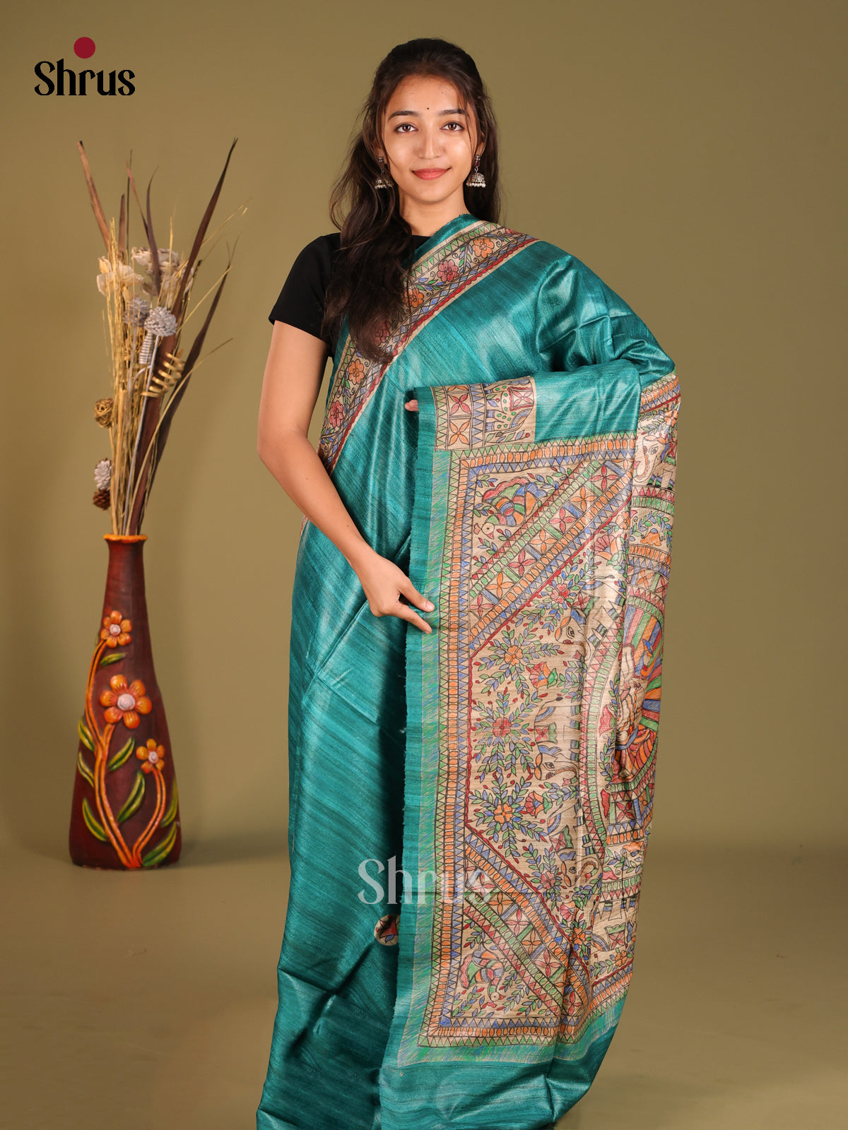 Artistic Green Tussar Silk Saree with Madhubani Pallu