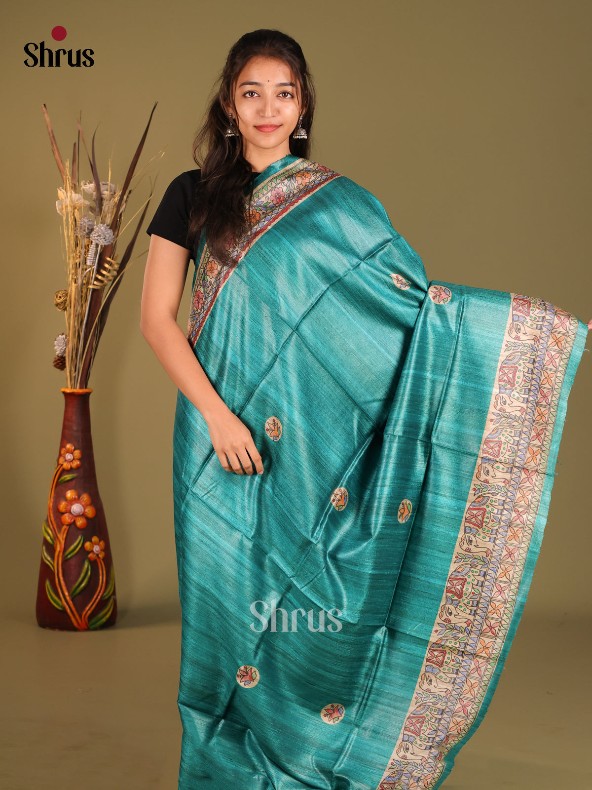 Artistic Green Tussar Silk Saree with Madhubani Pallu