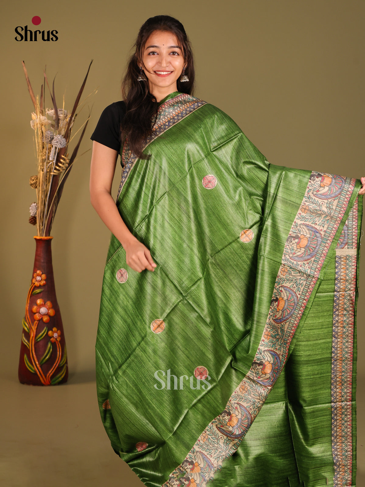 Earthy Green Hand-Painted Tussar Silk Saree - Shop on Shrus.com