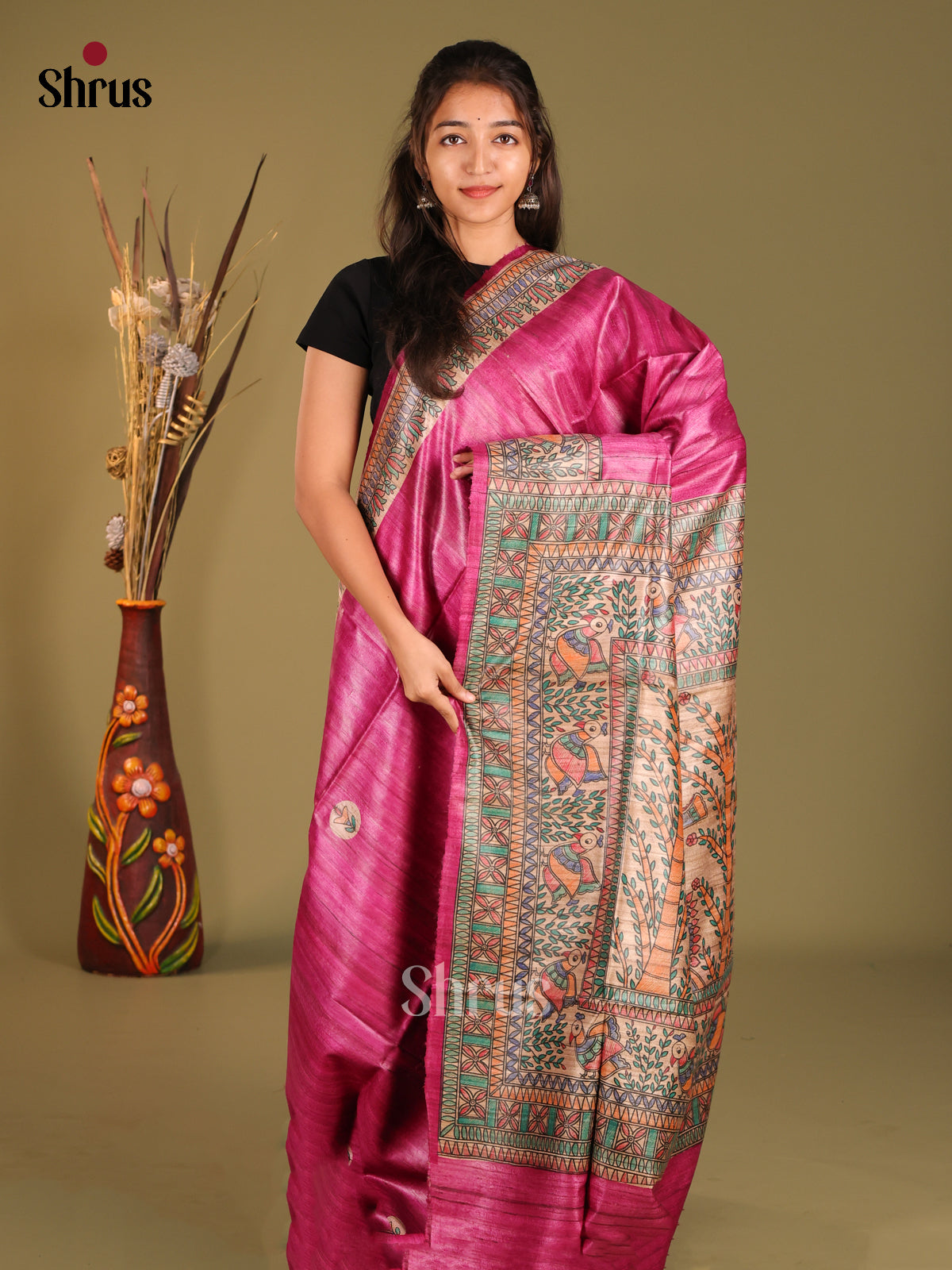 Exquisite Pink Tussar Silk Saree with Madhubani-Inspired Artwork - Shop on Shrus.com