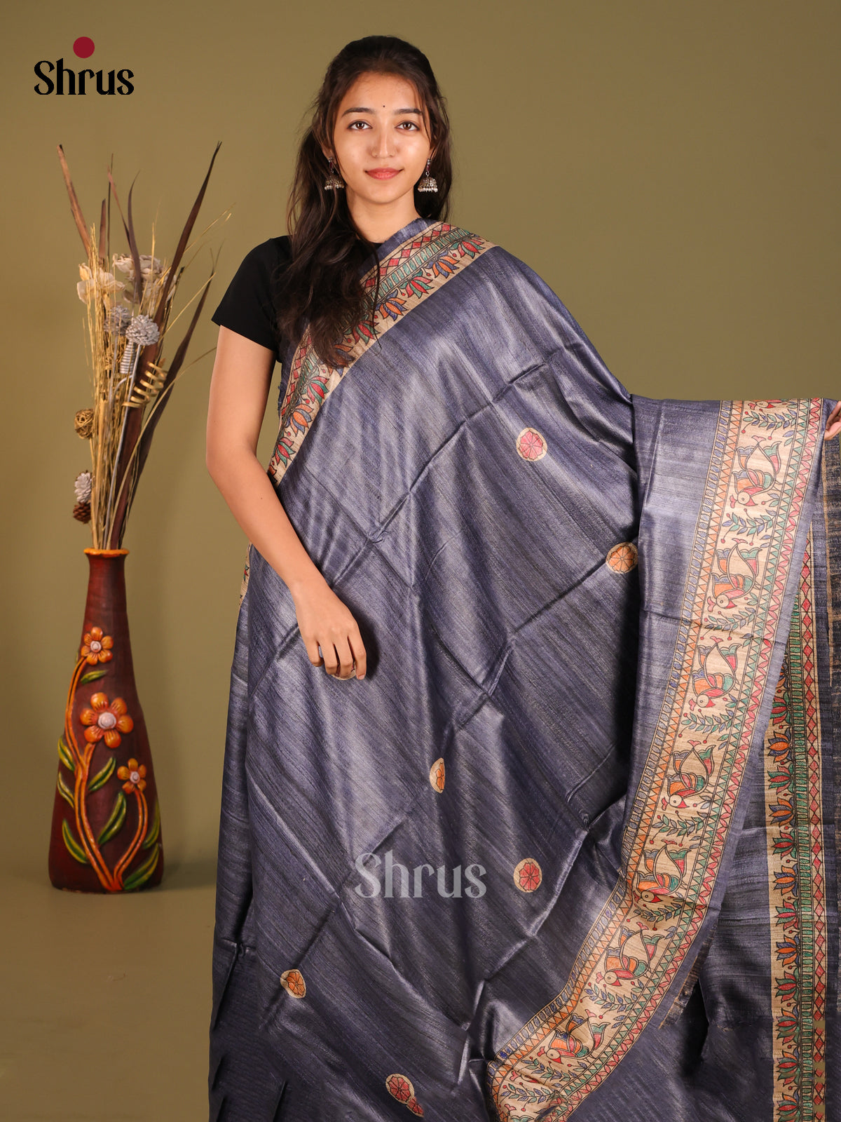 Stunning Violet Tussar Silk Saree Painted With Madhubani Art - Shop on Shrus.com