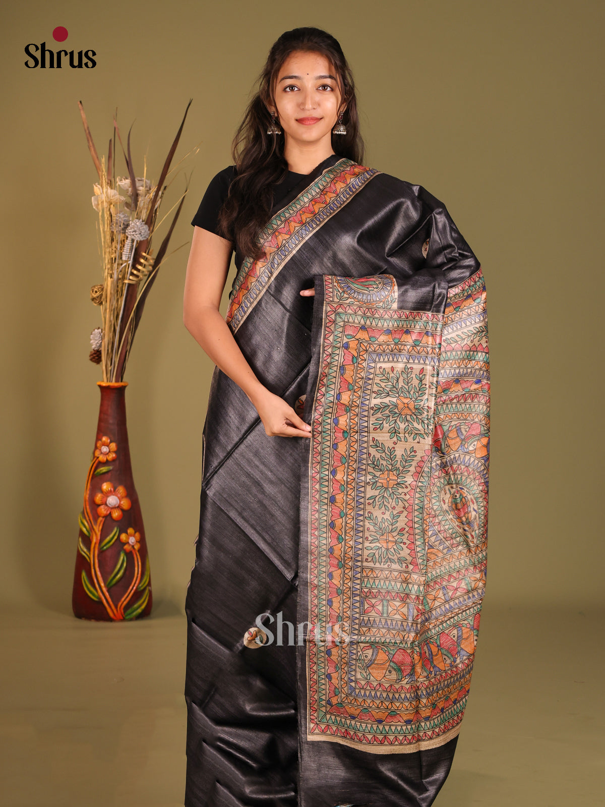 Stylish Black Tussar Silk Saree with Madhubani Pallu and Border - Shop on Shrus.com