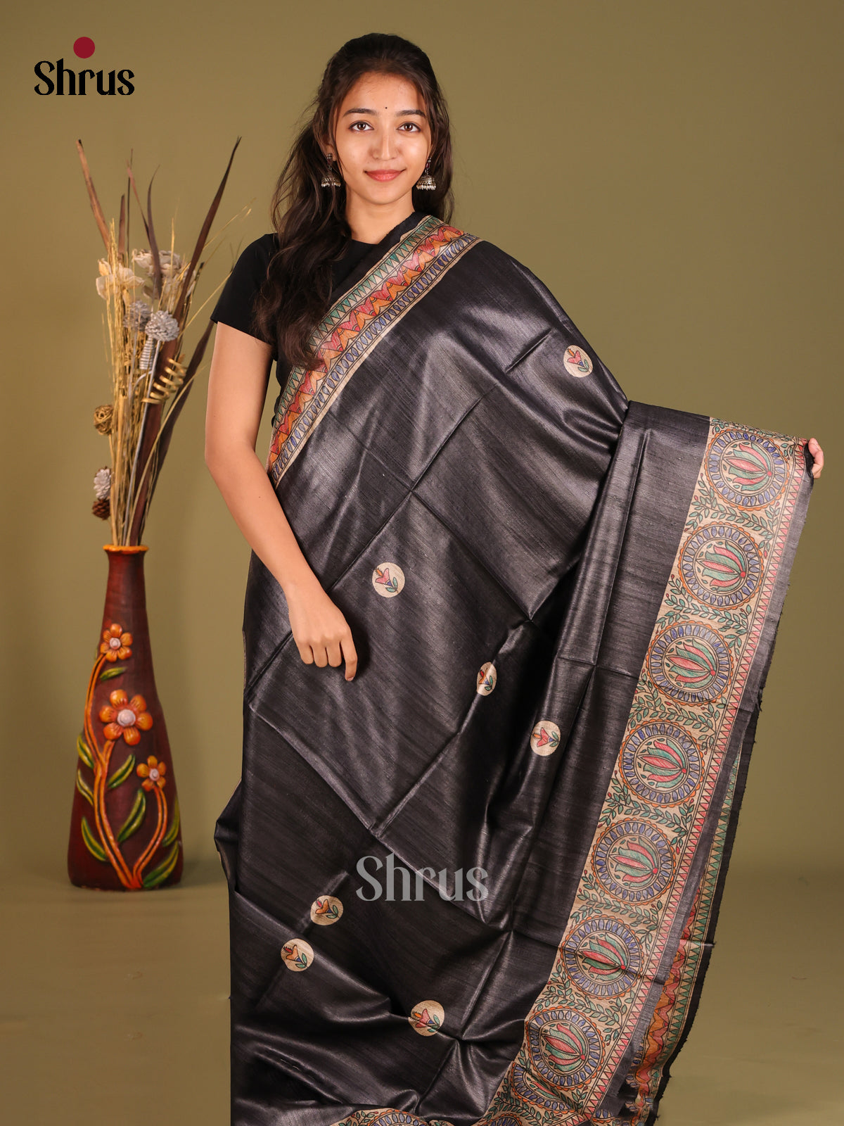 Stylish Black Tussar Silk Saree with Madhubani Pallu and Border - Shop on Shrus.com