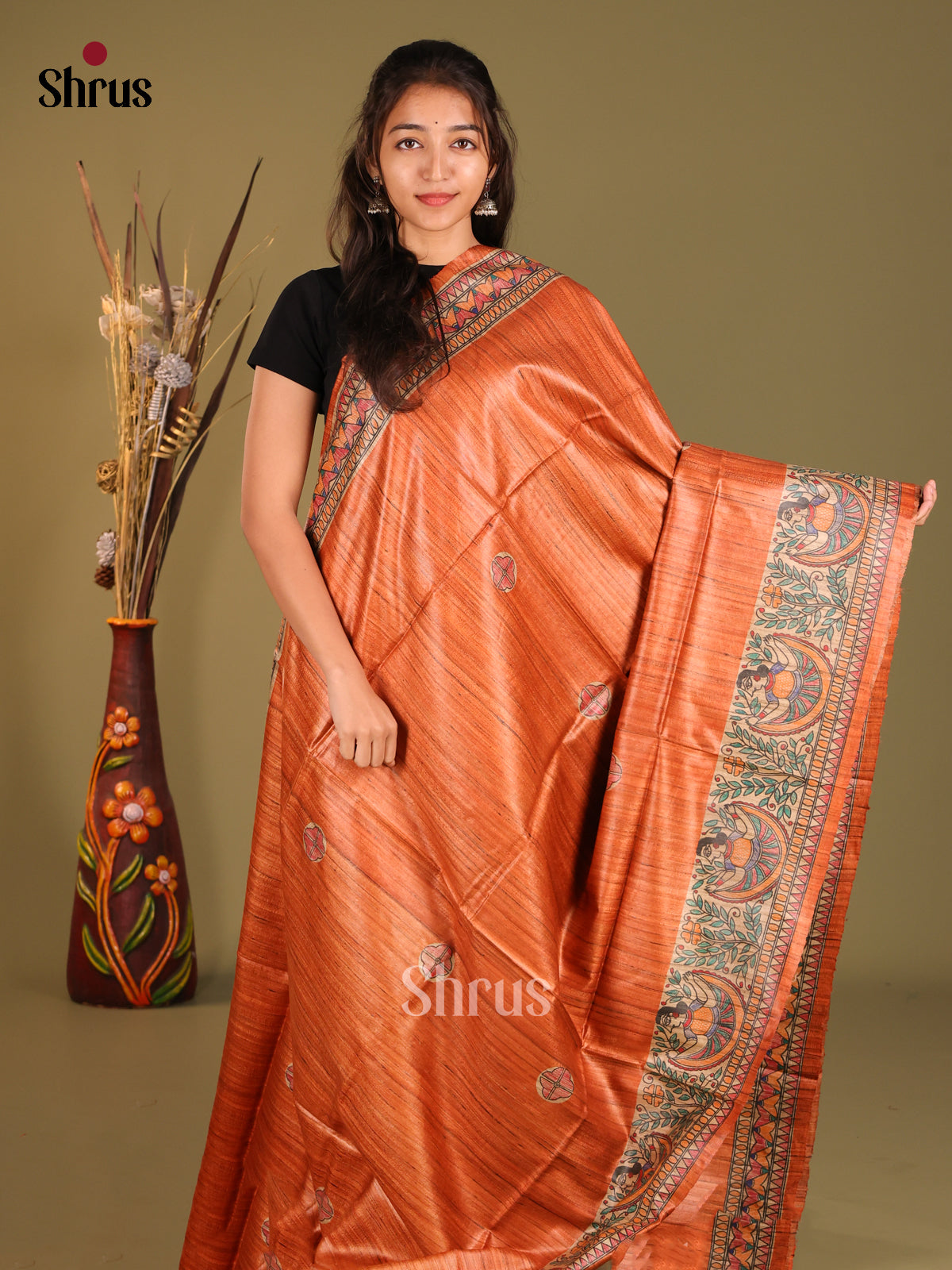 Timeless Rust Orange Tussar Silk Saree with Hand-Painted Madhubani Motifs - Shop on Shrus.com