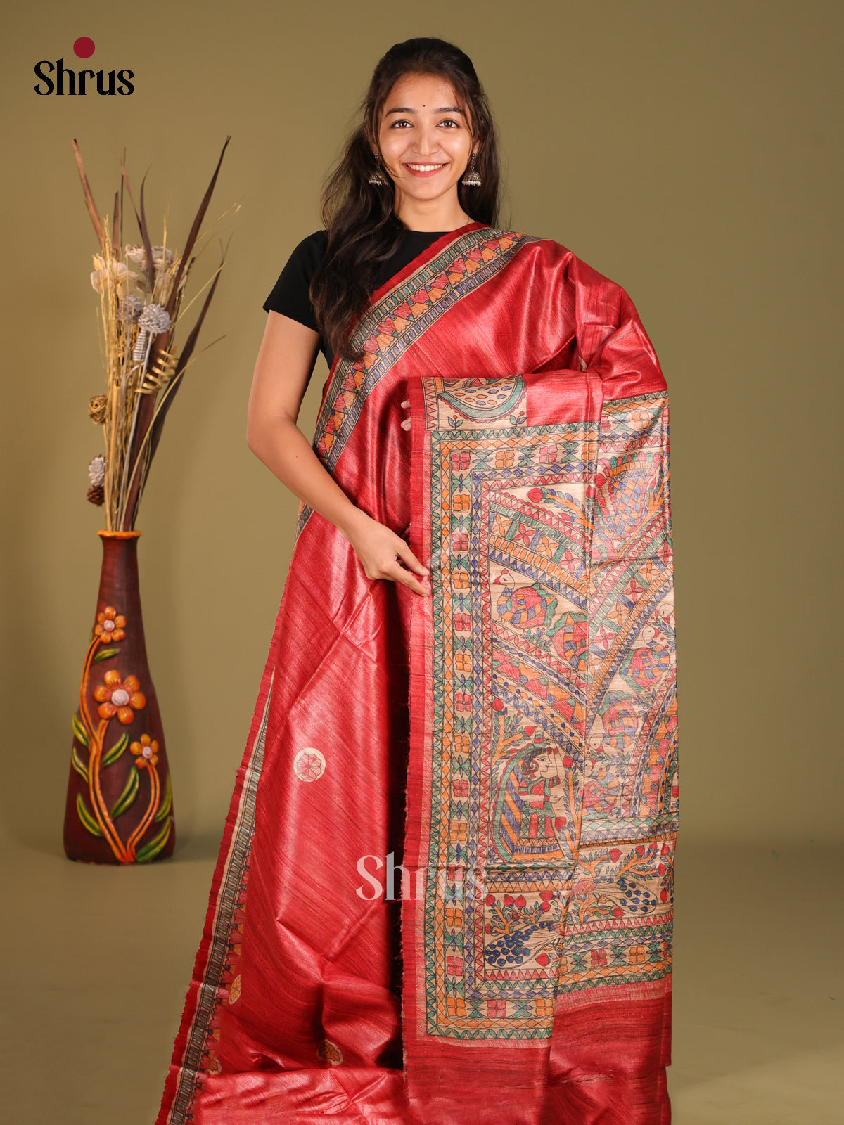 Stunning Red Saree in Tussar Silk with Traditional Madhubani Detailing