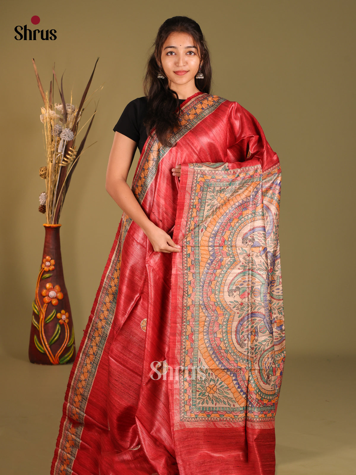 Lustrous Rust Tussar Silk Saree with Multicolor Folk Art Pallu - Shop on Shrus.com