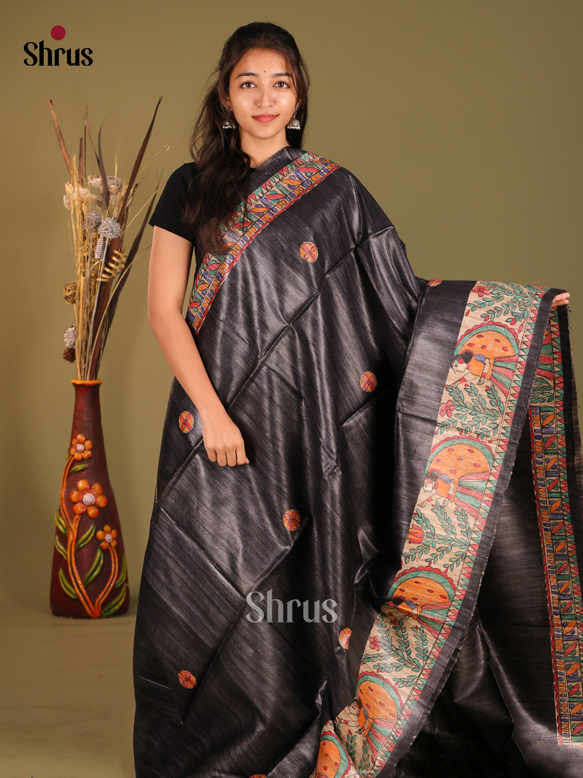 Mystique Black Tussar Silk Saree with Beige Pallu and Traditional Motifs - Shop on Shrus.com