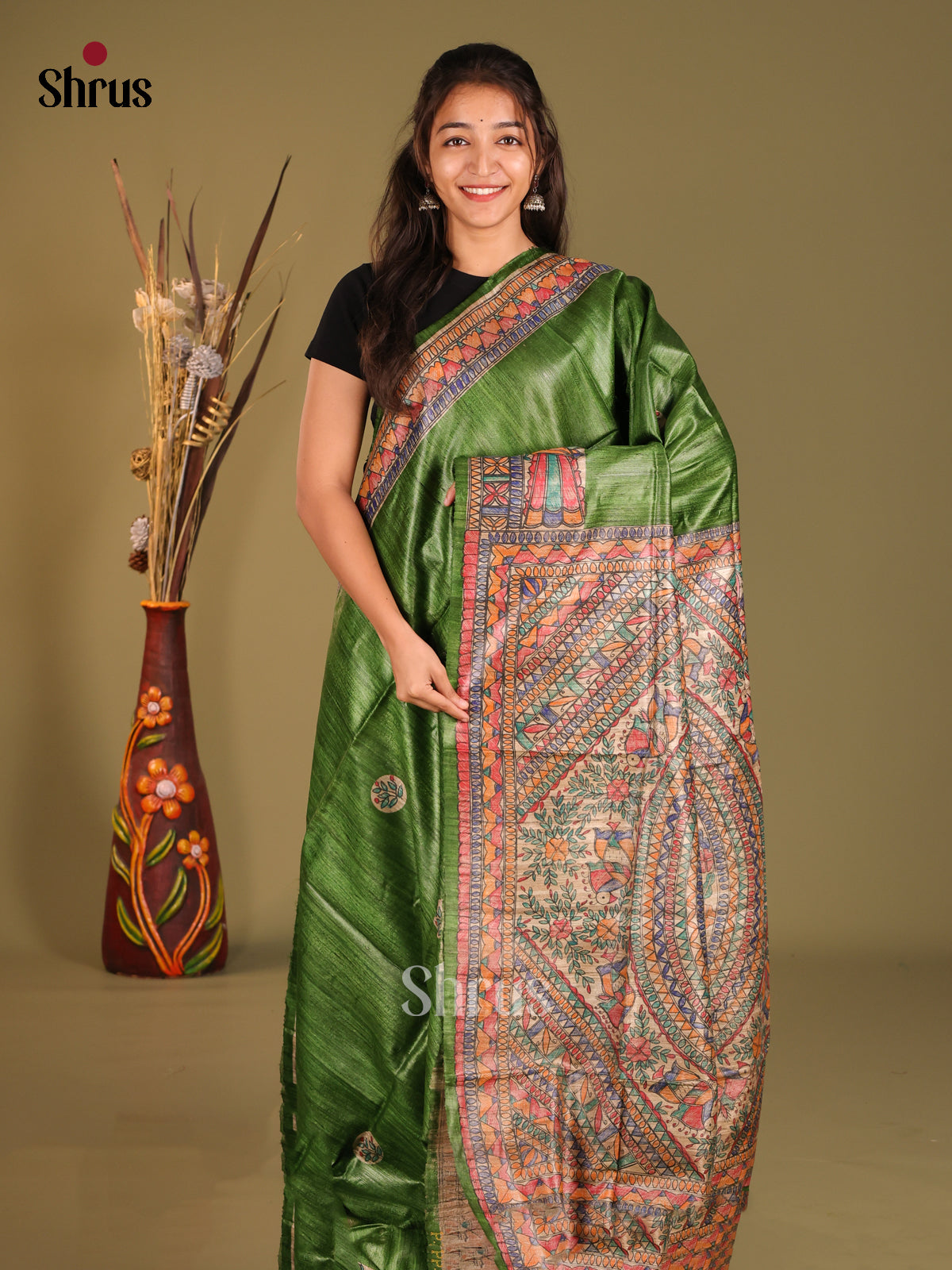 Green Tussar Silk Saree With hand-painted motifs inspired by traditional Madhubani art - Shop on Shrus.com