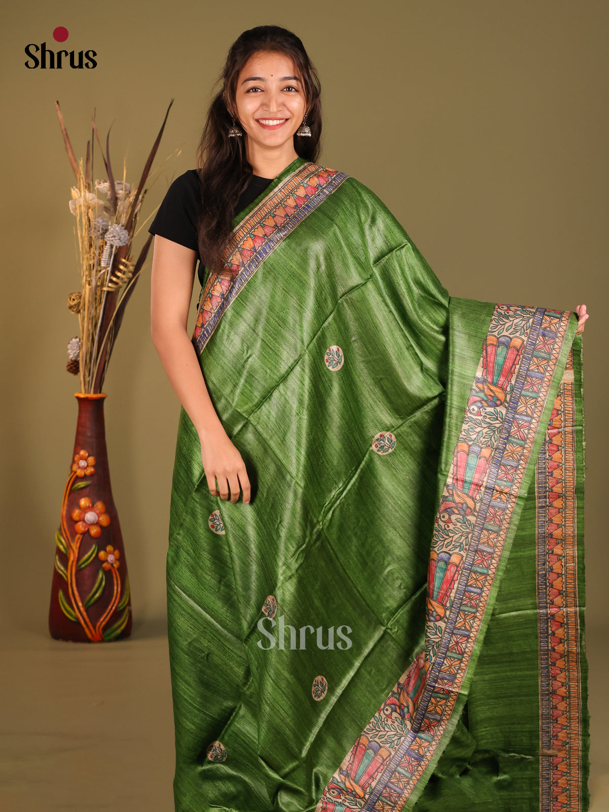 Green Tussar Silk Saree With hand-painted motifs inspired by traditional Madhubani art - Shop on Shrus.com