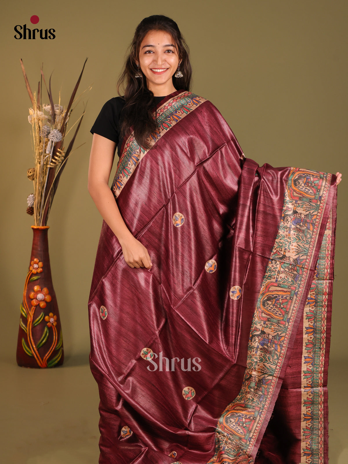 Regal Maroon Tussar Silk Saree with Intricate Madhubani Artwork - Shop on Shrus.com
