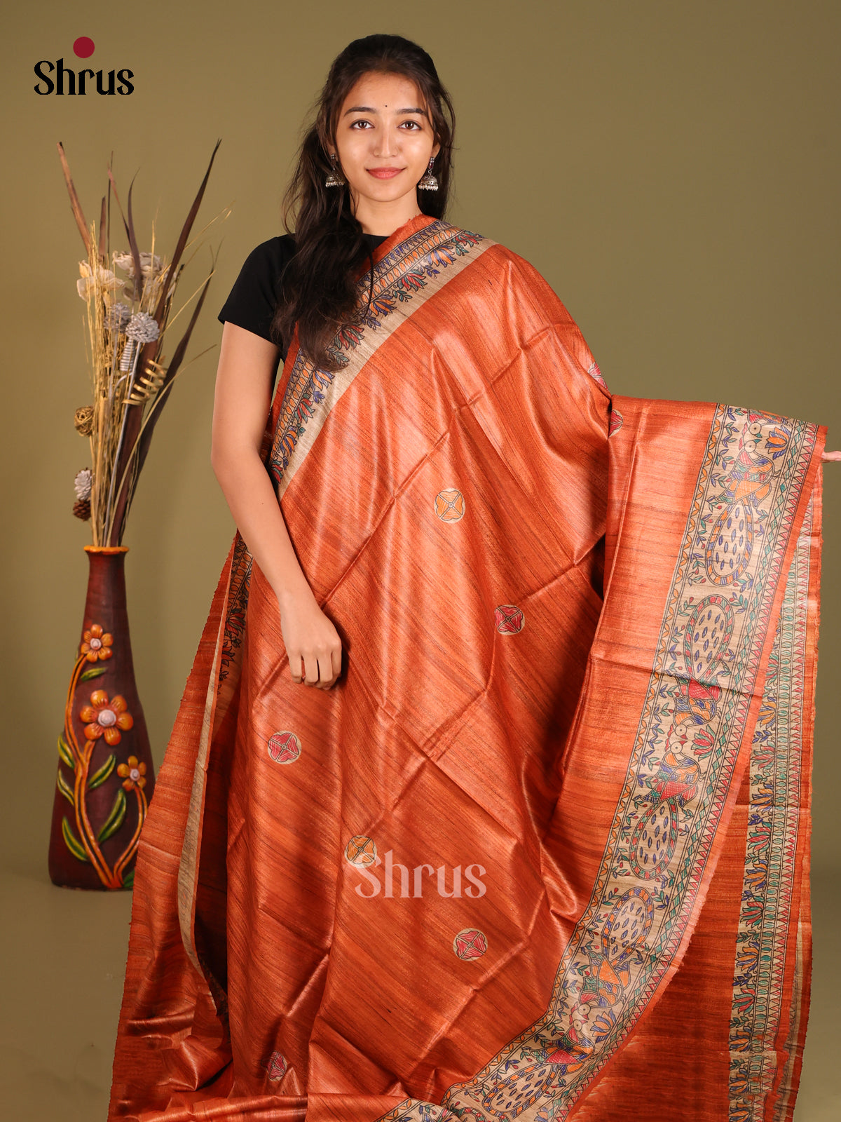Classic Rust Orange Tussar Silk Saree with Hand-Painted Madhubani Motifs