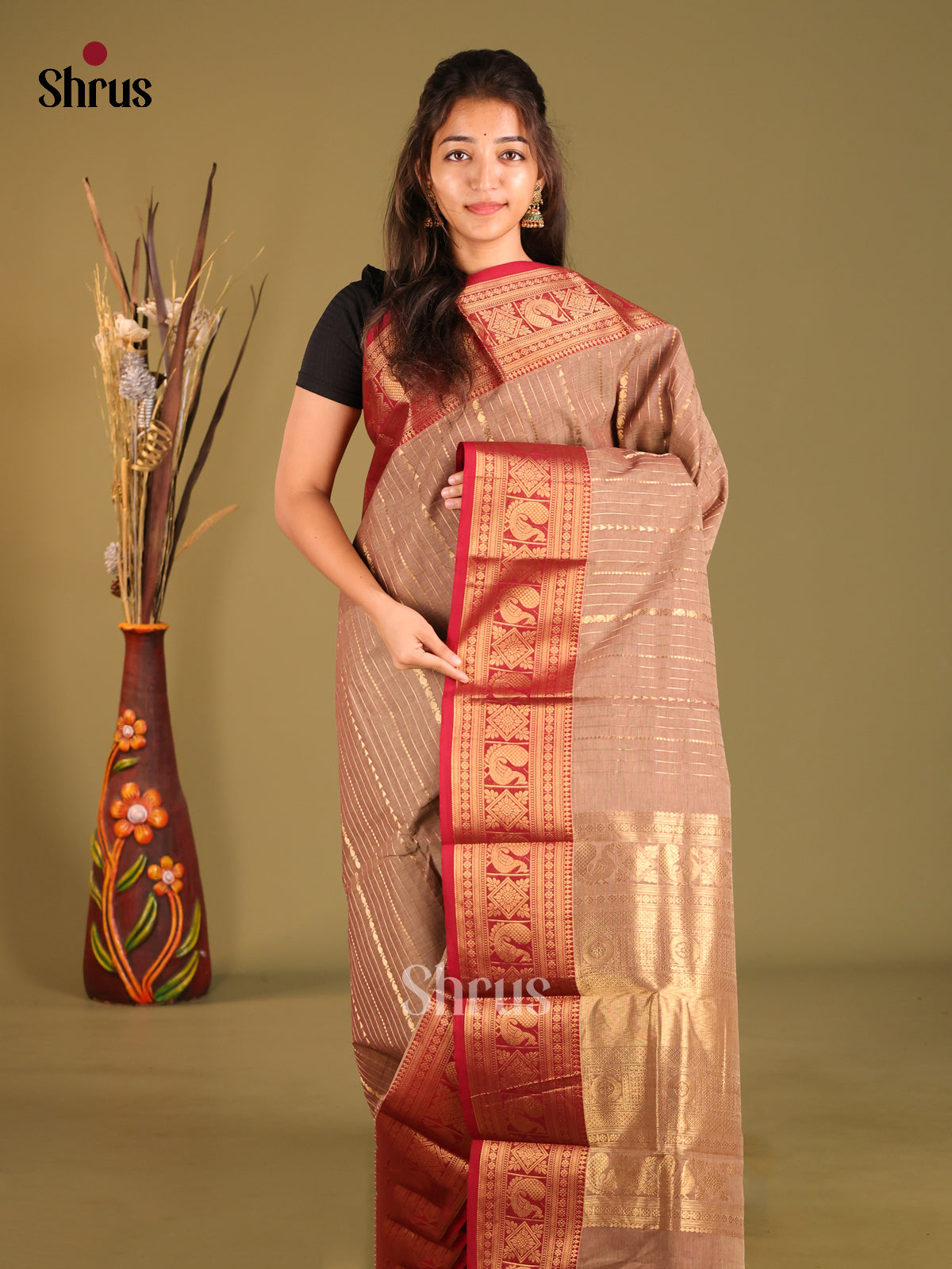 Light Brown & Red - Chettinad Cotton Saree