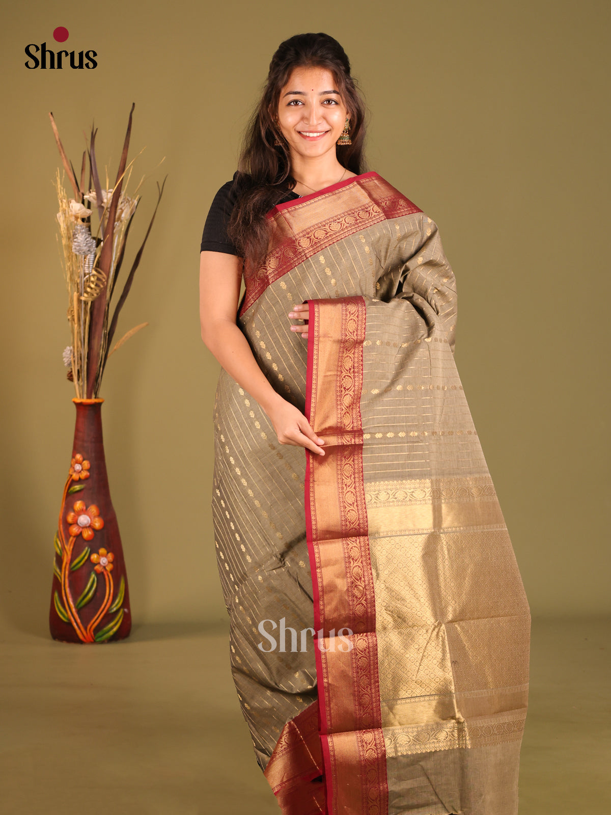 Grey & Maroon - Chettinad Cotton Saree