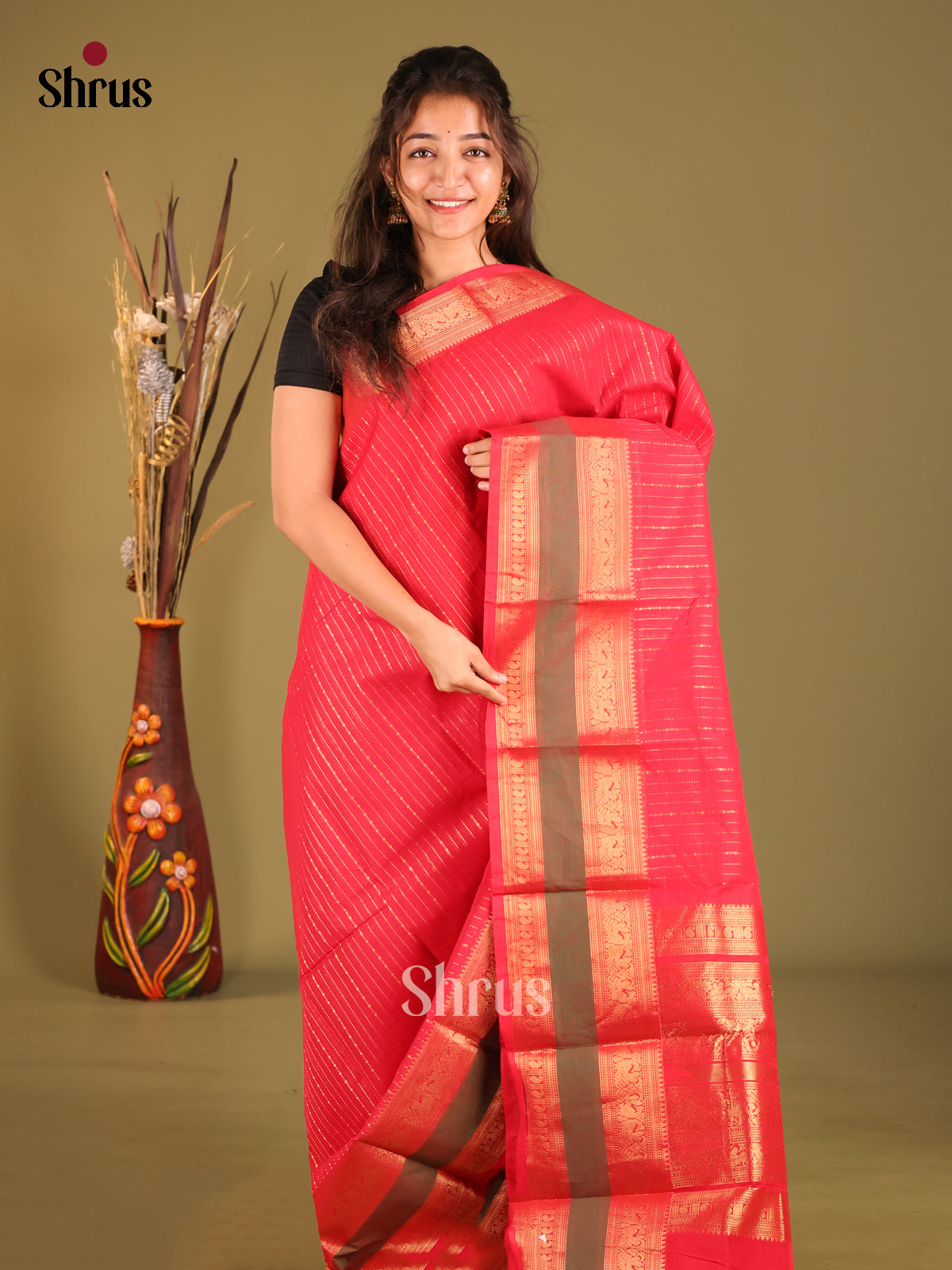 Reddish Pink  & Green - Chettinad Cotton Saree