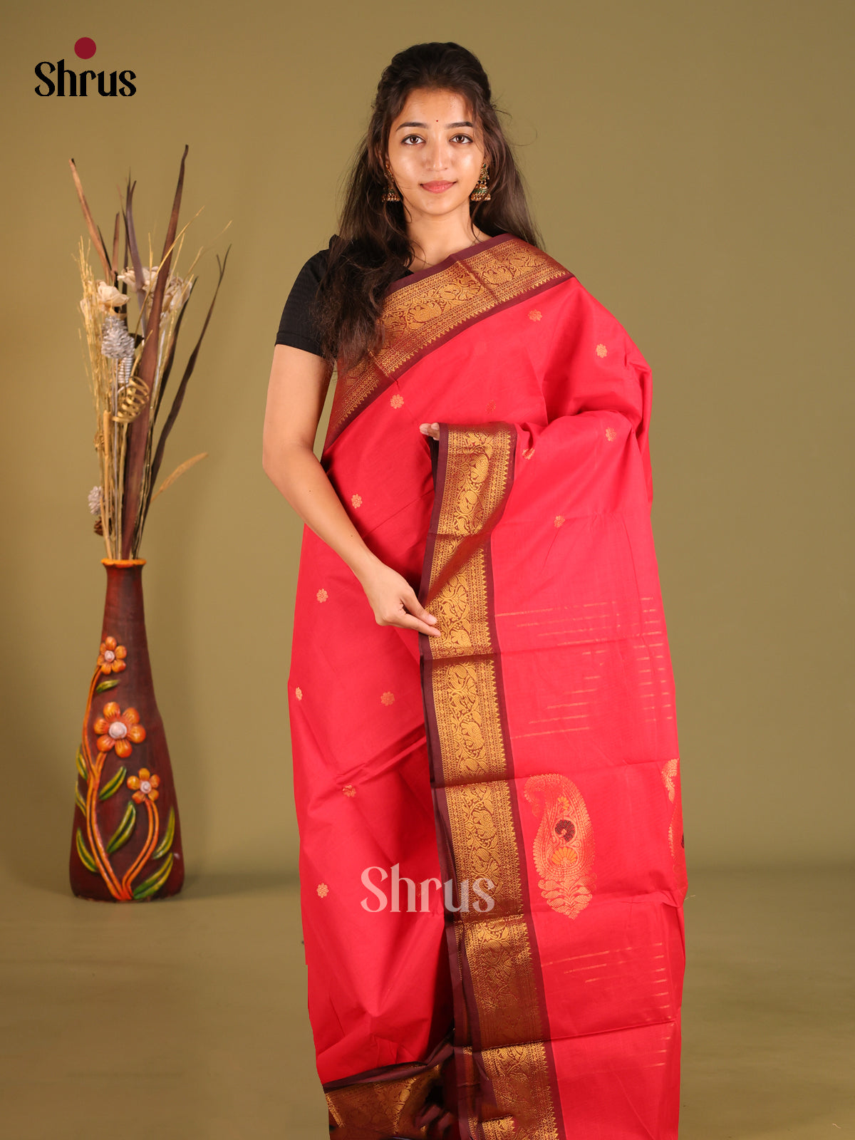Reddish Pink & Maroon - Chettinad Cotton Saree