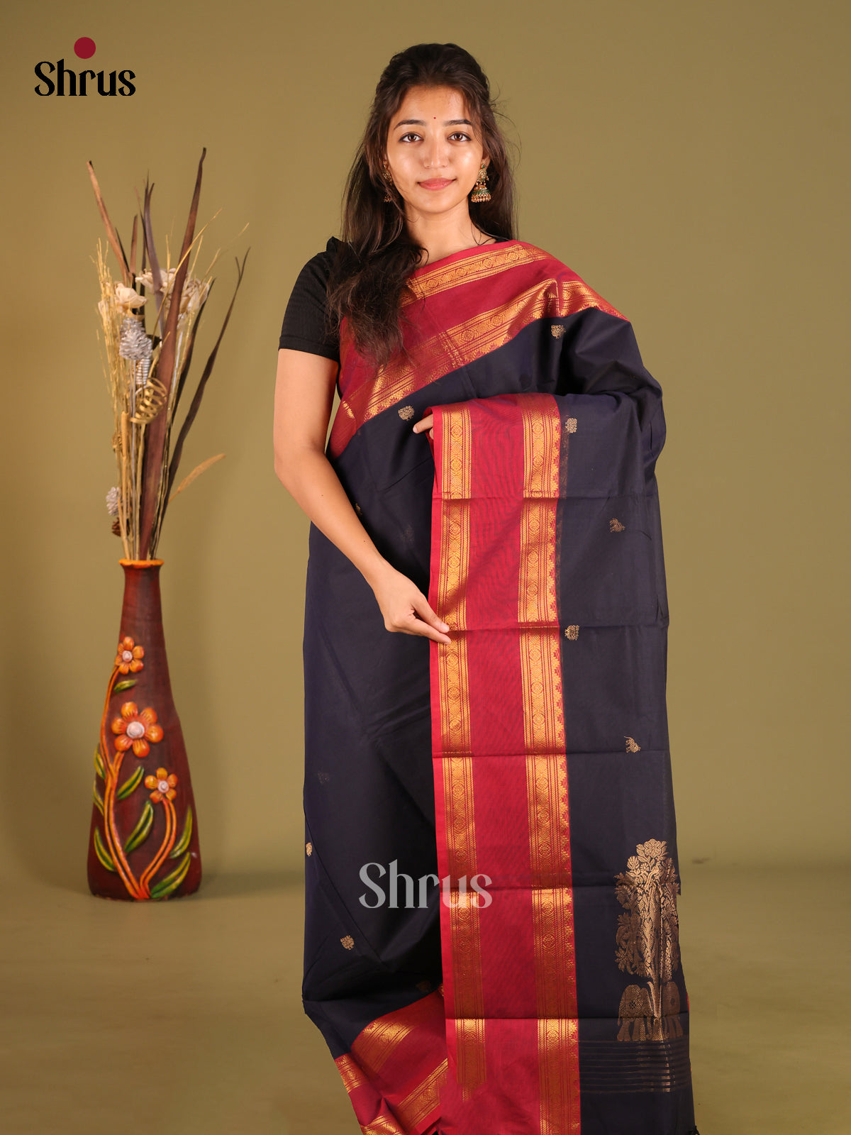 Navy Blue & Red - Chettinad Cotton Saree