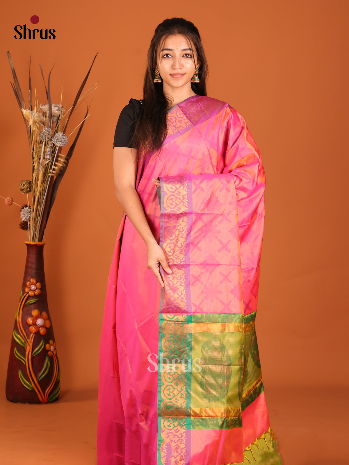 Pink & Green  - Semi Pochampally Saree - Shop on Shrus.com