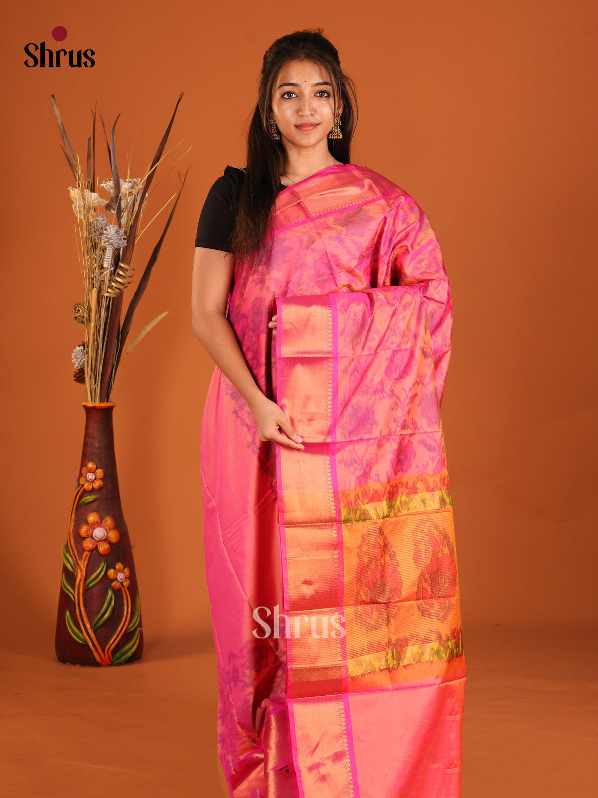 Pink & Orange - Semi Pochampally Saree - Shop on Shrus.com