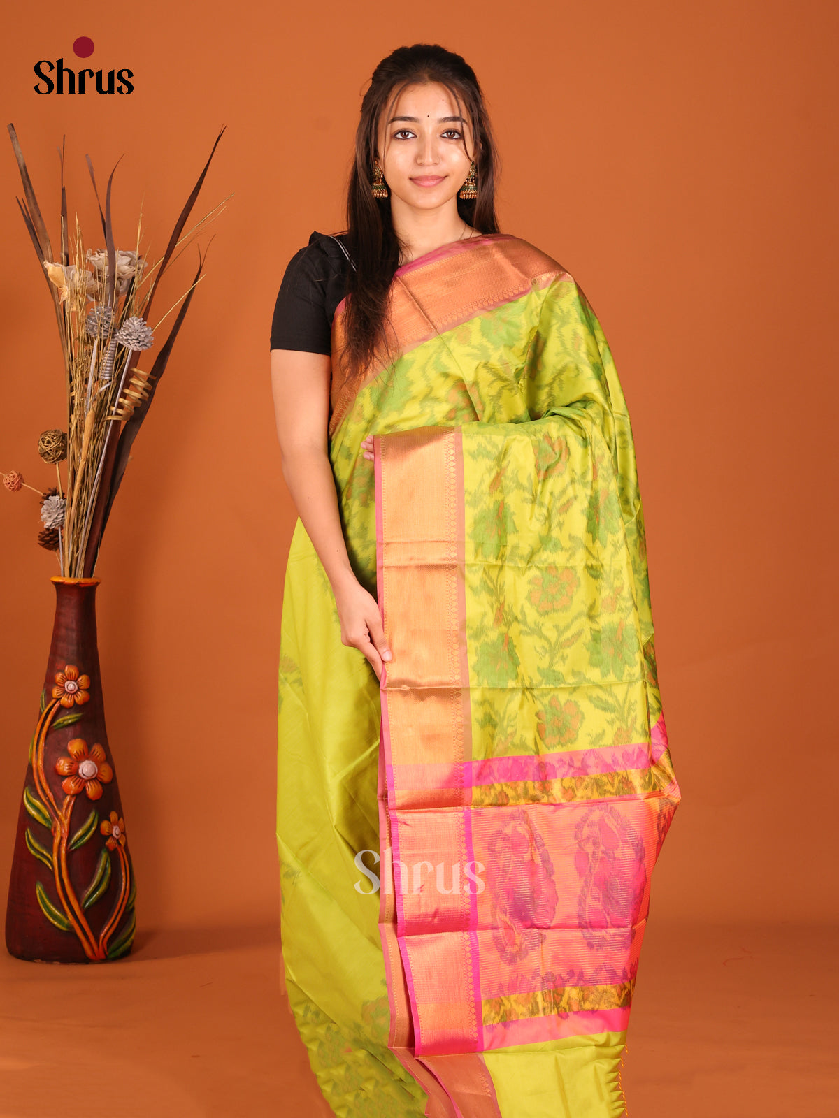 Light Green & Pink - Semi Pochampally Saree - Shop on Shrus.com