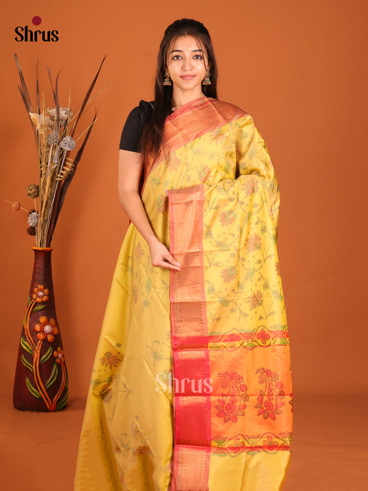 Yellow & Orange - Semi Pochampally Saree - Shop on Shrus.com