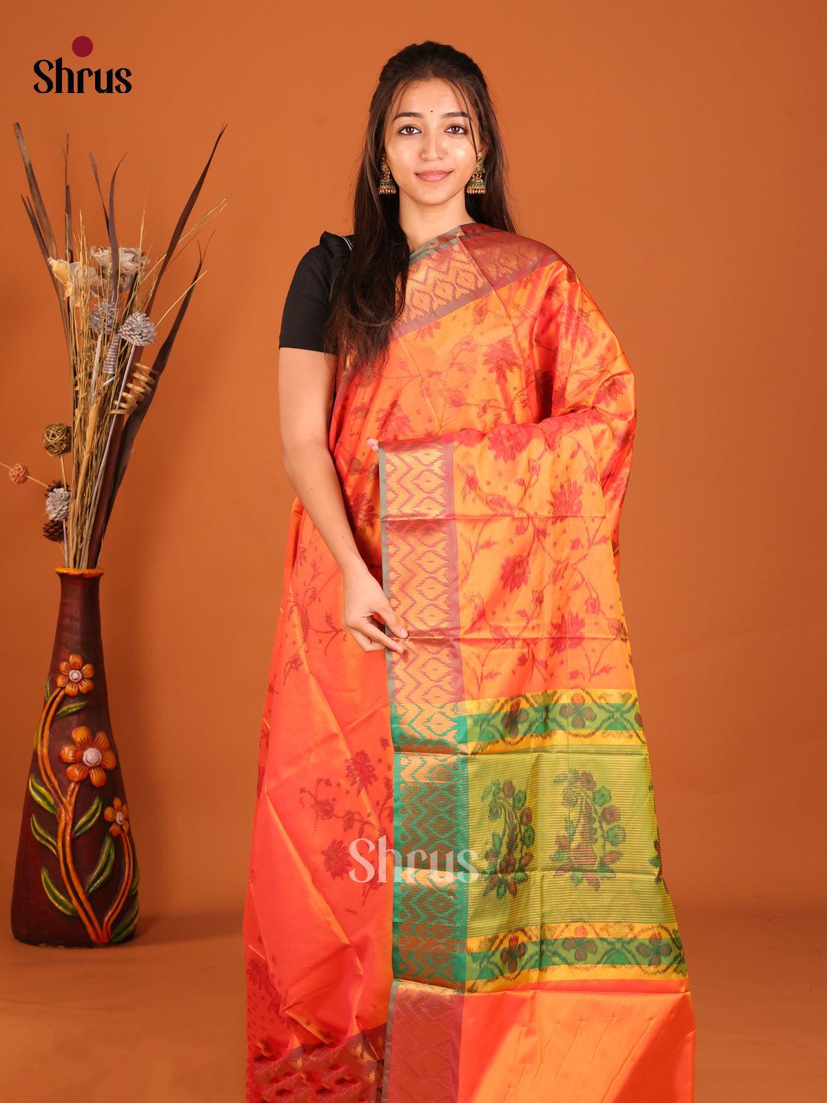 Orange & Green - Semi Pochampally Saree - Shop on Shrus.com