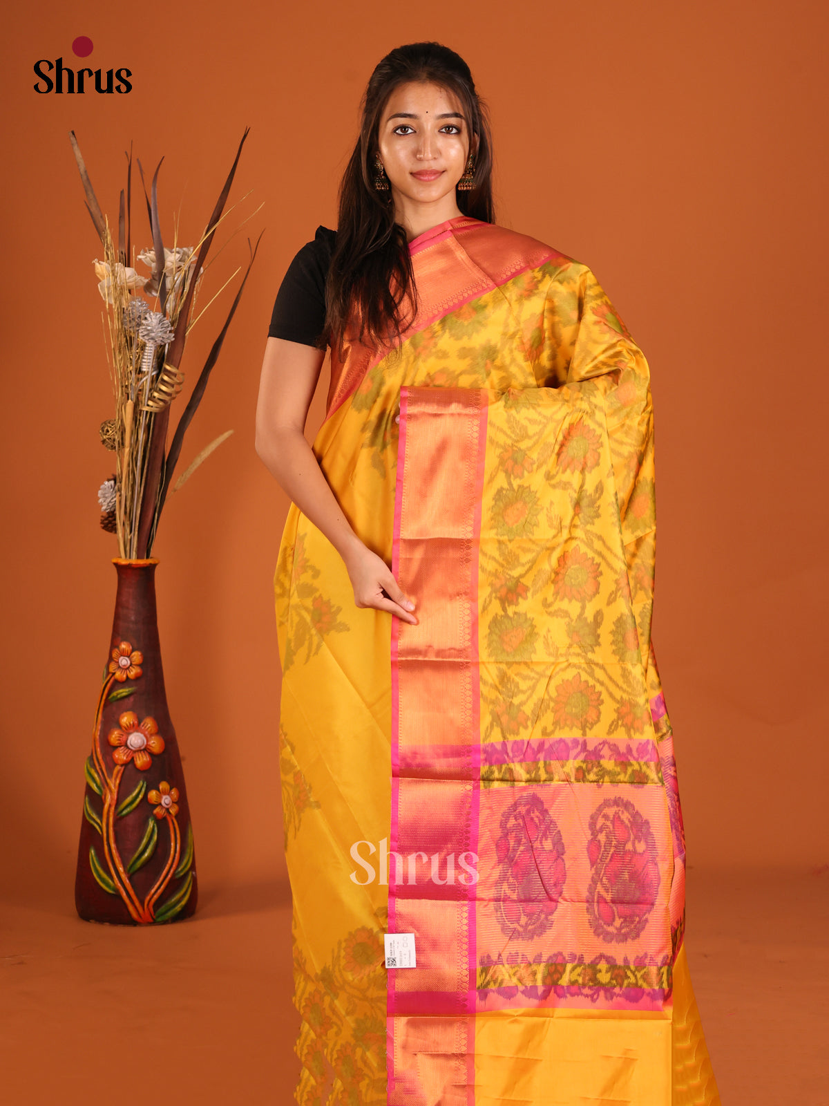 Yellow & Pink - Semi Pochampally Saree - Shop on Shrus.com