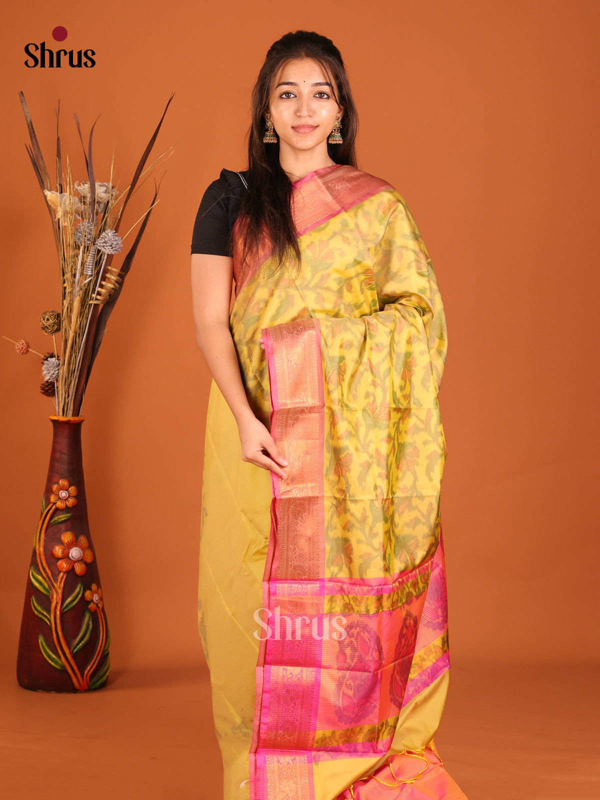 Yellow & Pink - Semi Pochampally Saree - Shop on Shrus.com
