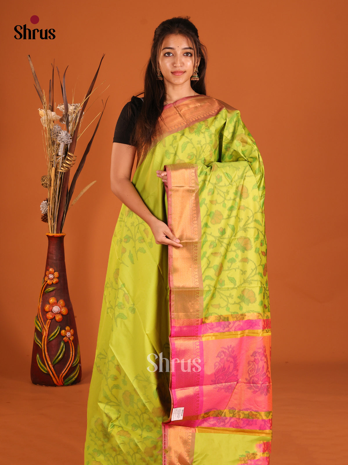 Light Green & Pink - Semi Pochampally Saree - Shop on Shrus.com