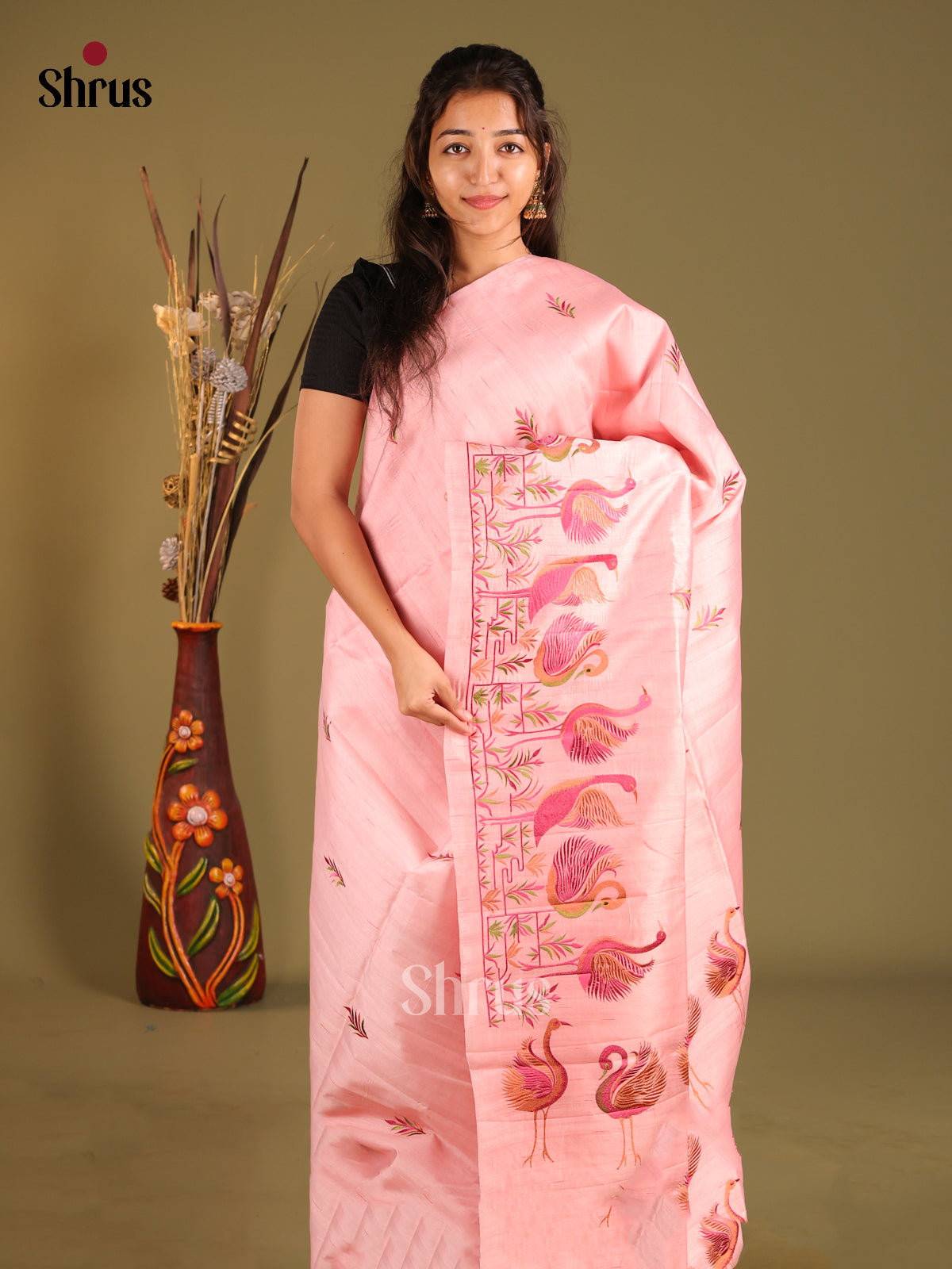 Pink - Semi Rawsilk Saree - Shop on Shrus.com