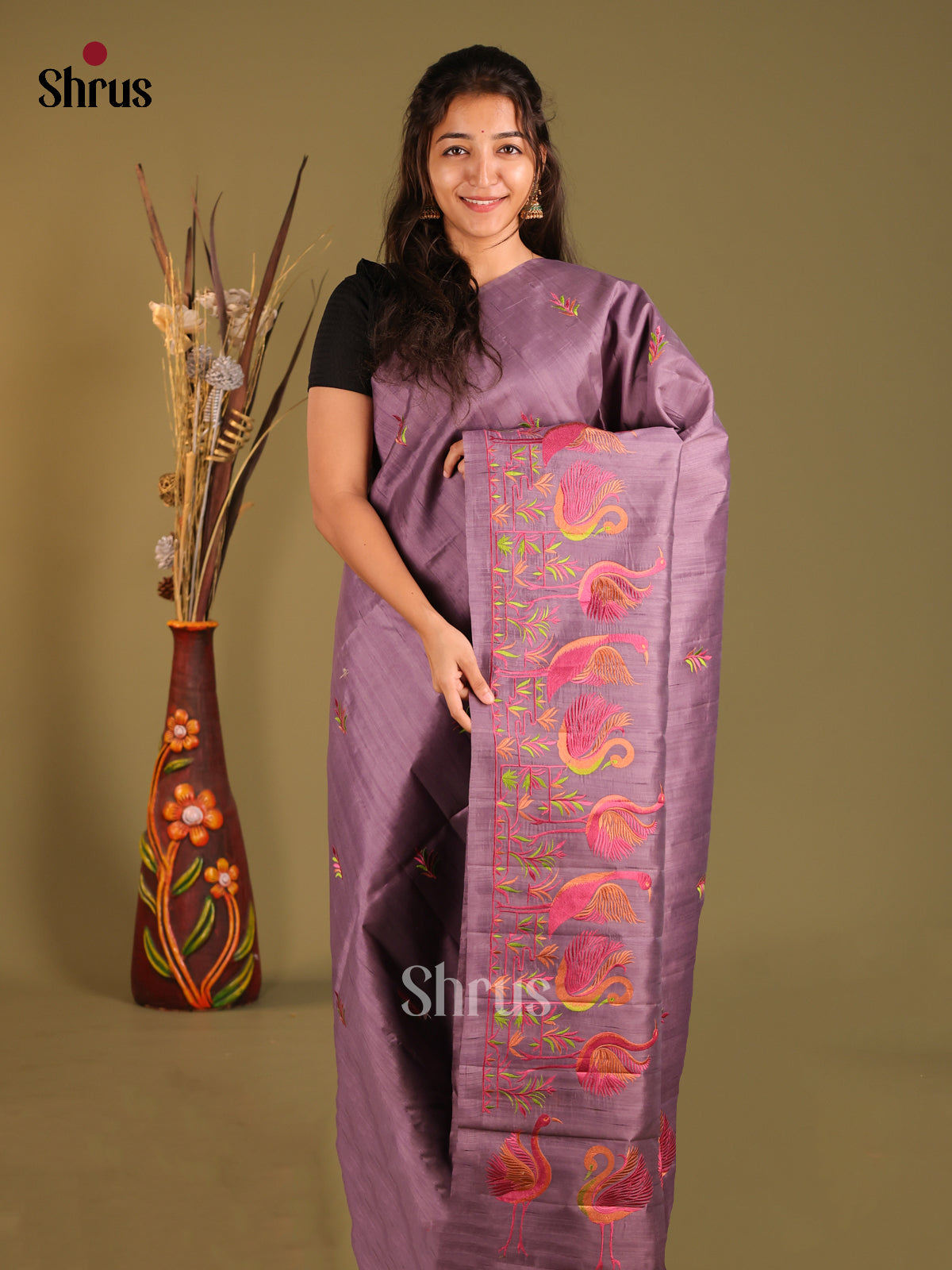 Dark Lavender - Semi Rawsilk Saree - Shop on Shrus.com