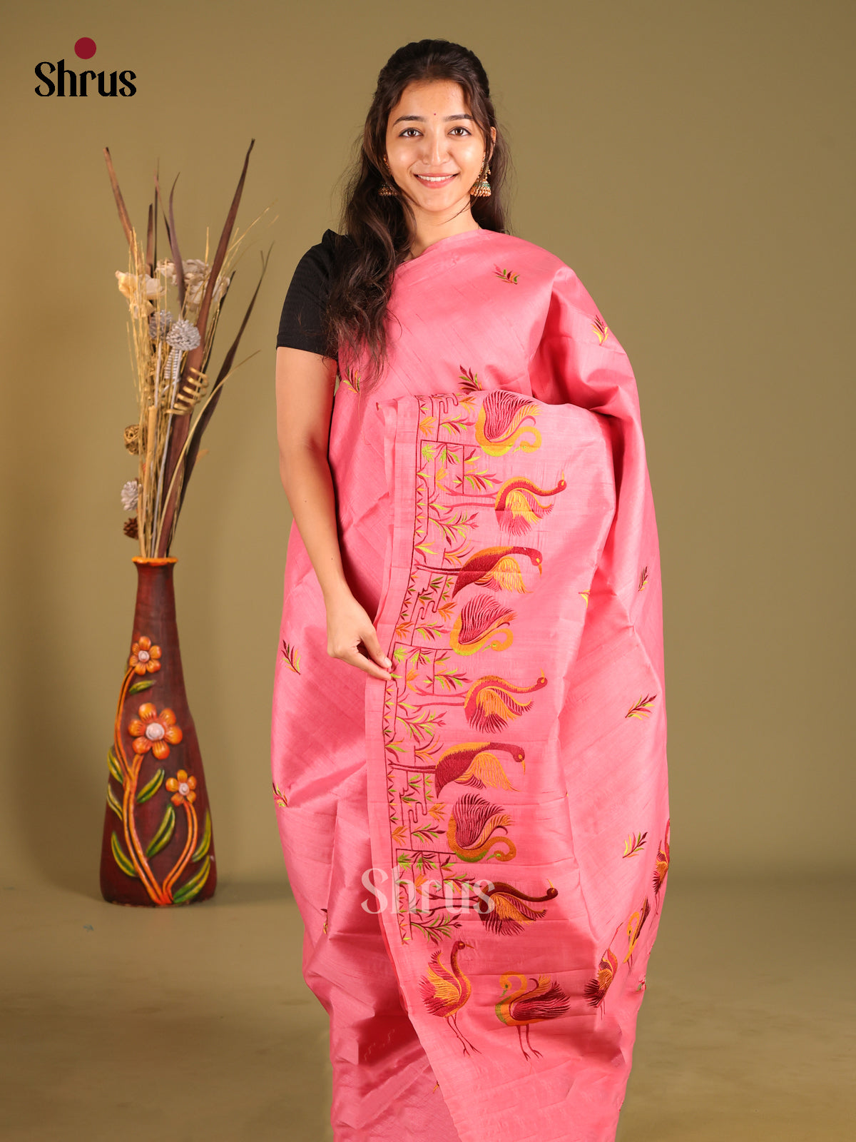 Pink - Semi Rawsilk Saree - Shop on Shrus.com
