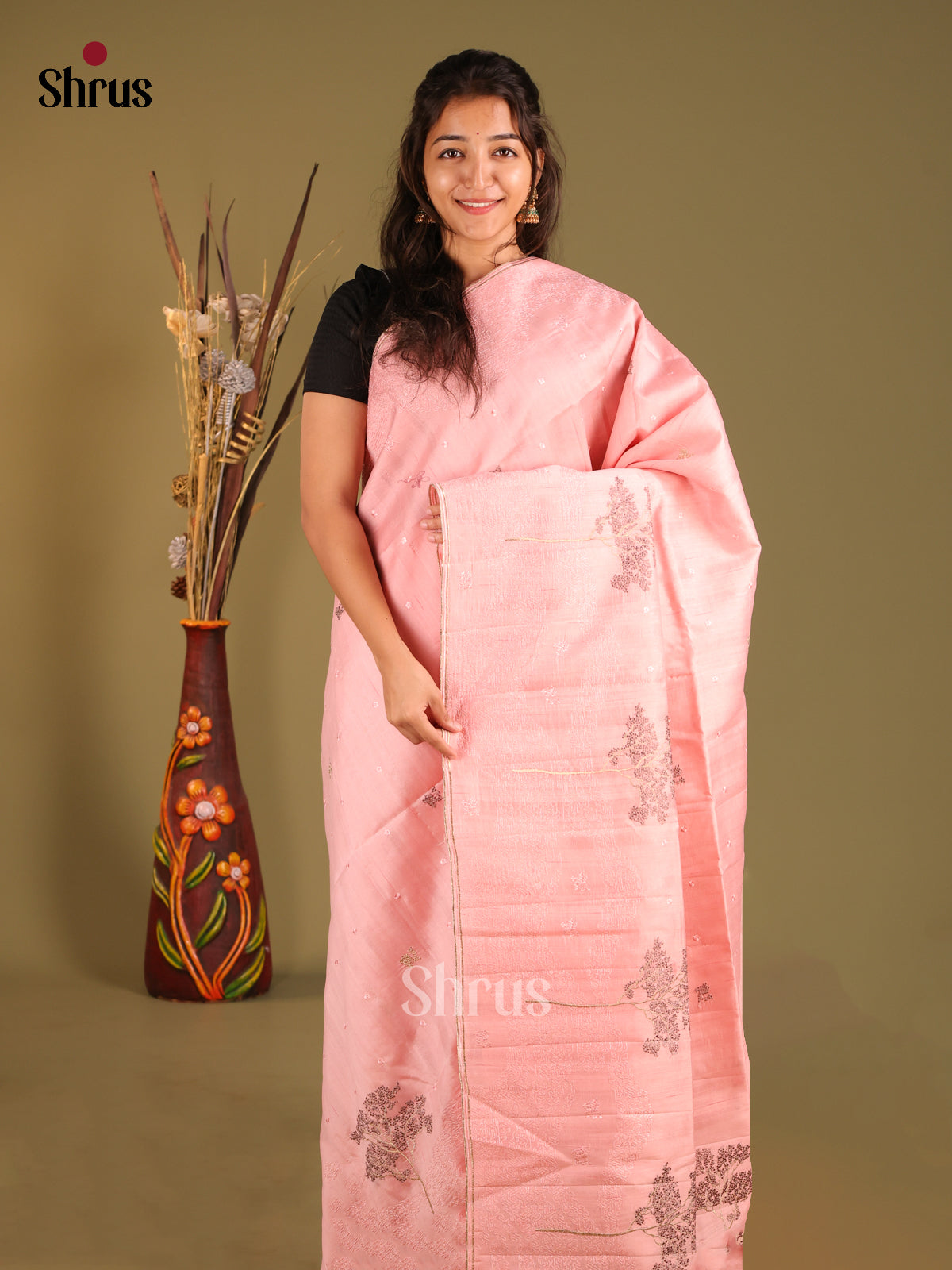 Pink - Semi Rawsilk Saree
