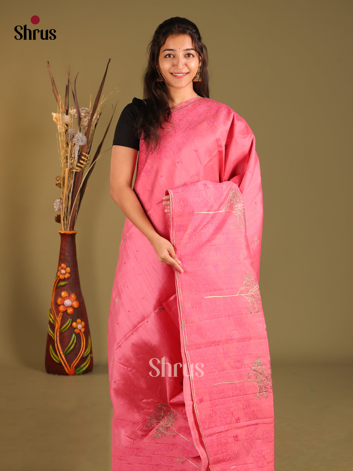 Pink - Semi Rawsilk Saree - Shop on Shrus.com
